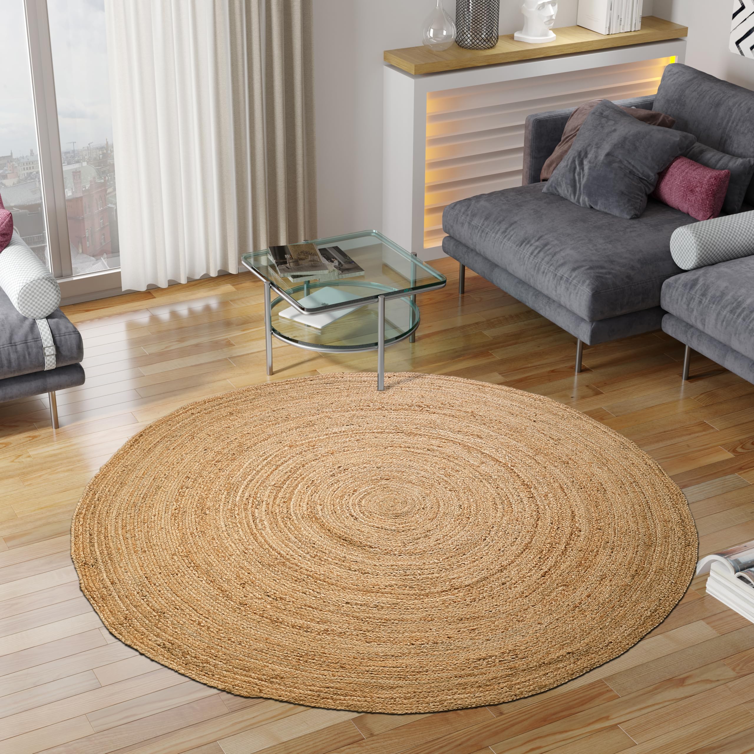 Hand Woven Jute Braided Round Rug 6 Feet - Natural Reversible Boho Farmhouse Floor Mat for Entryway, Kitchen, Living Room | Eco-Friendly Home Decor for Cozy Spaces