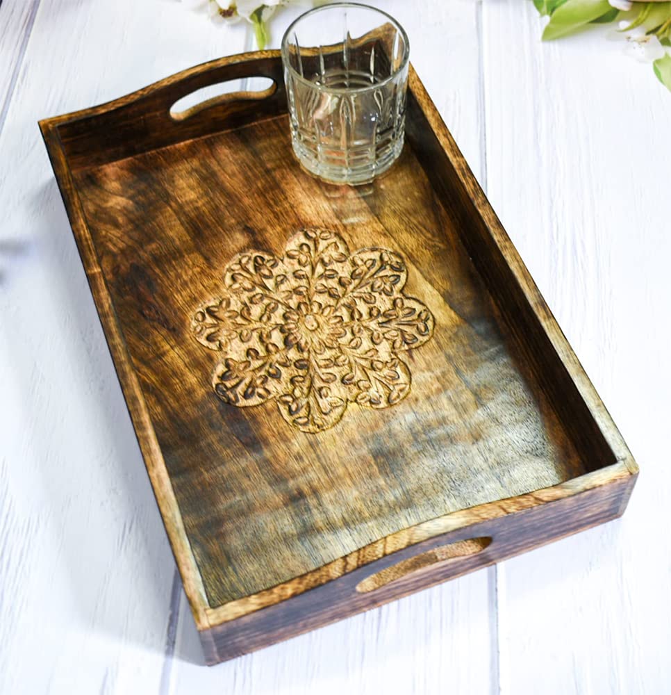 Ajuny Hand Carved Wooden Serving Tray - Floral Design Decorative Platter for Snacks, Fruits, Tea | Perfect for Kitchen, Dining Table, Coffee Bar & Housewarming Gifts