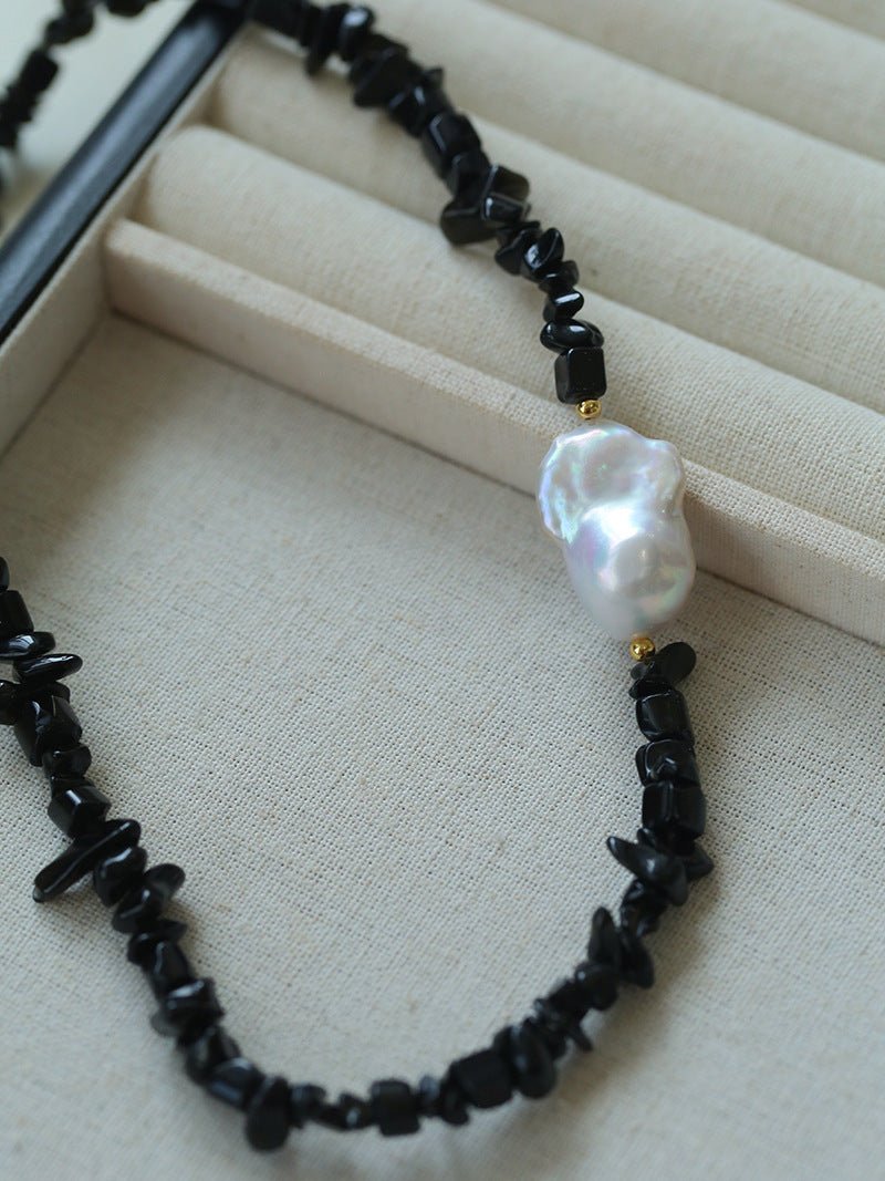 Elegant Black Agate Crushed Stone Baroque Pearl Necklace for Women - Perfect for Weddings, Parties & Special Occasions