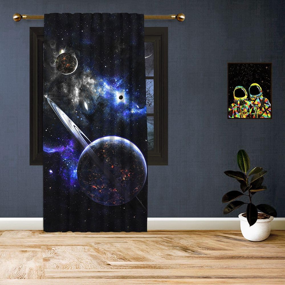 Space Galaxy Theme Blackout Curtains - Fantasy Planets & Stars Print Window Drapes for Kids Room & Playroom (52