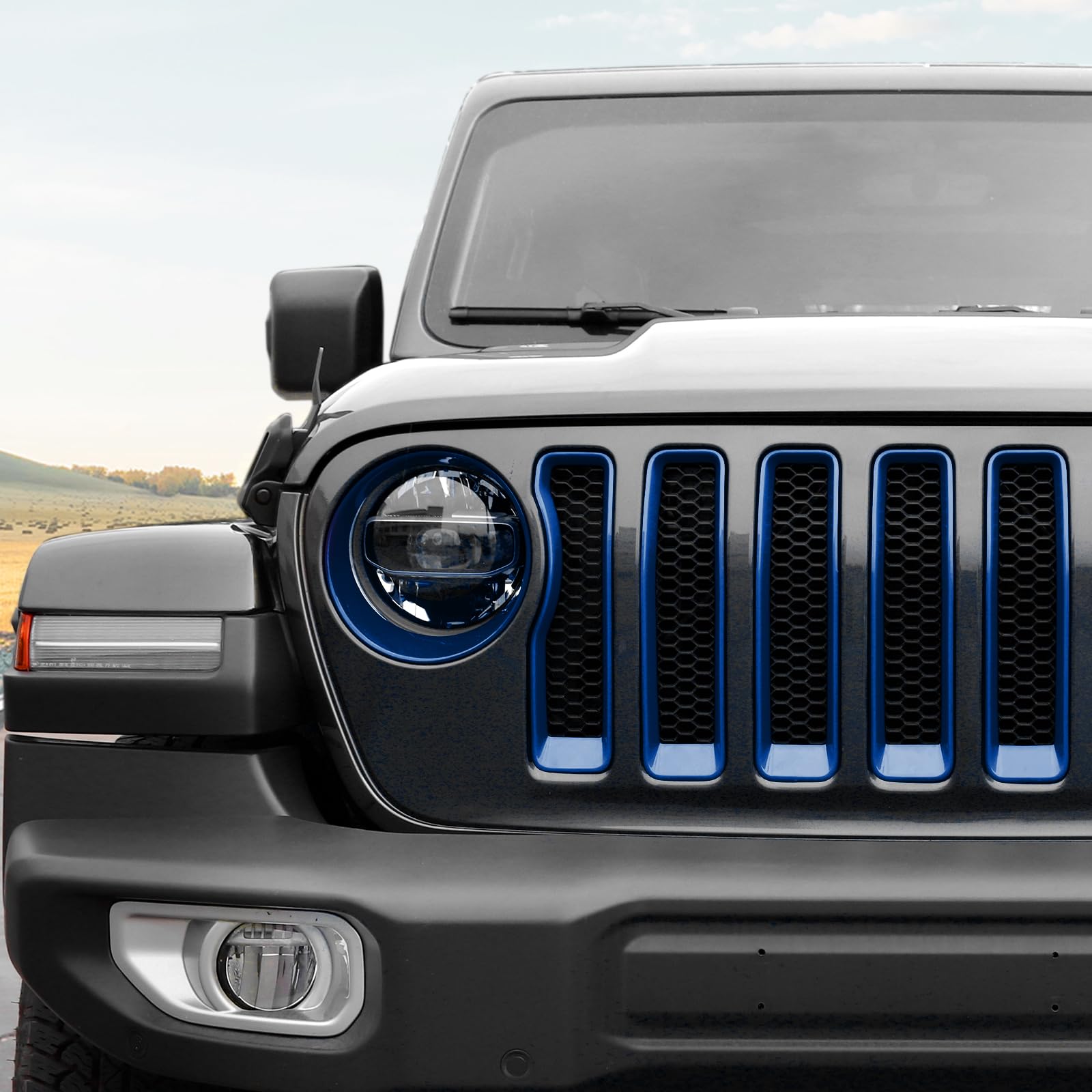 RT-TCZ Mesh Front Grille Grill Insert & Headlight Cover Trim for Jeep Wrangler JL/JLU (2018-2022) - 9-Piece Blue Exterior Accessories Kit - Off-Road Protection & Custom Styling Upgrade