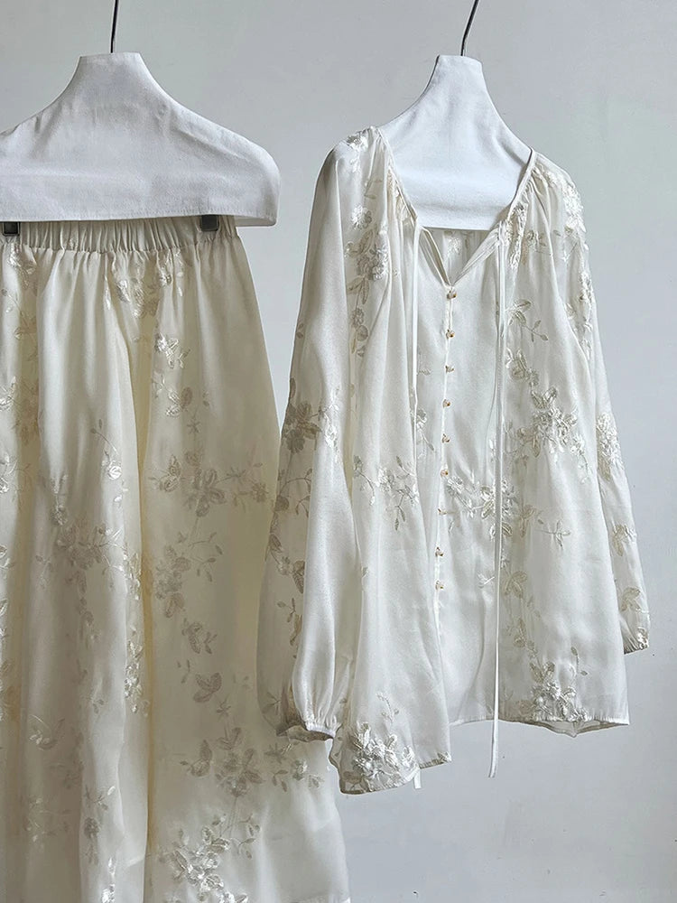 Apricot Embroidered Blouse & Thin Skirt 2-Piece Set - V-Neck Long Sleeve Women's Fashion Outfit for Spring Summer 2025 | Trendy Office Wear & Casual Date Night Outfits