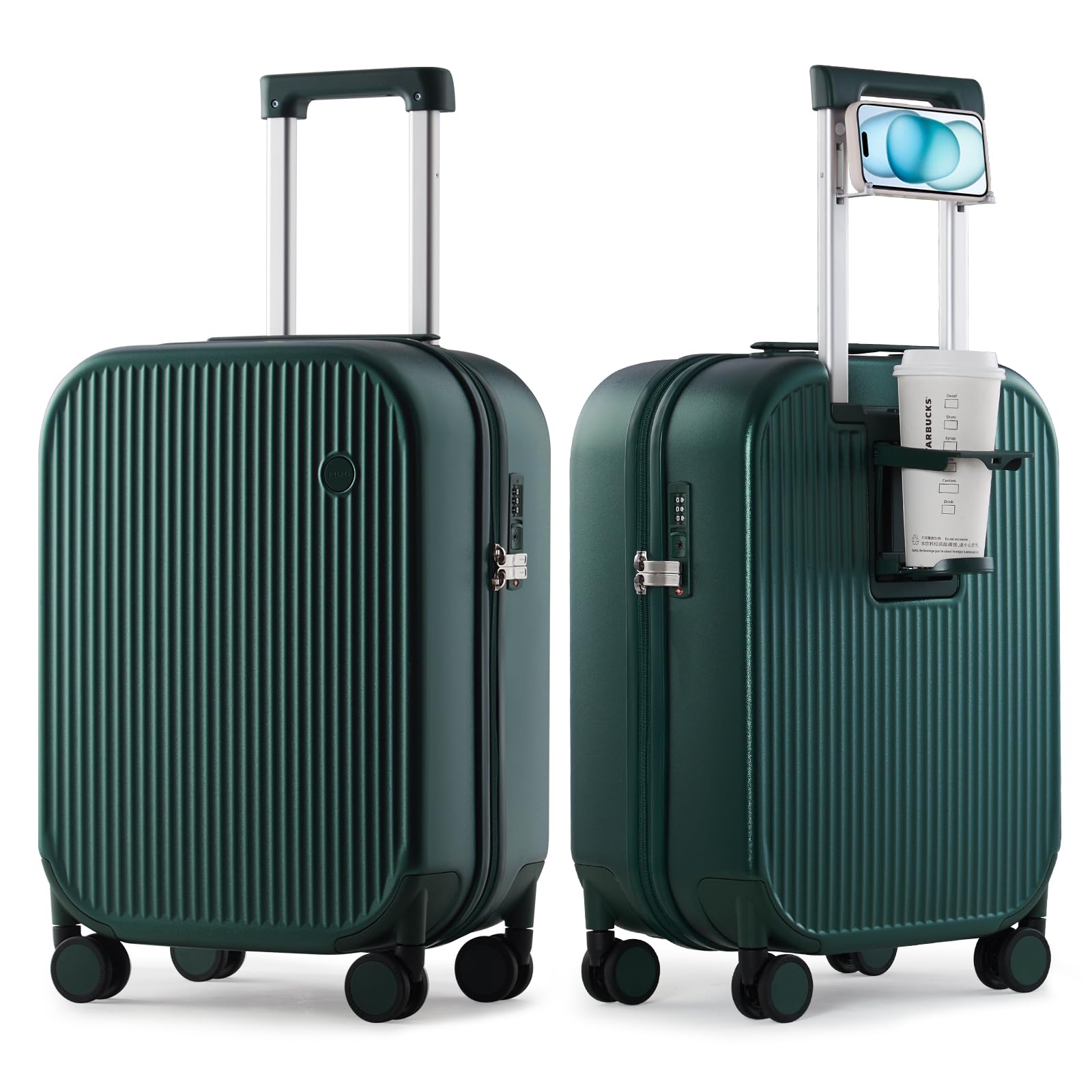 20 Inch Mixi Hard Shell Spinner Carry On Luggage with Cup & Phone Holder - Blackish Green Rolling Travel Suitcase for Business Trips & Weekend Getaways