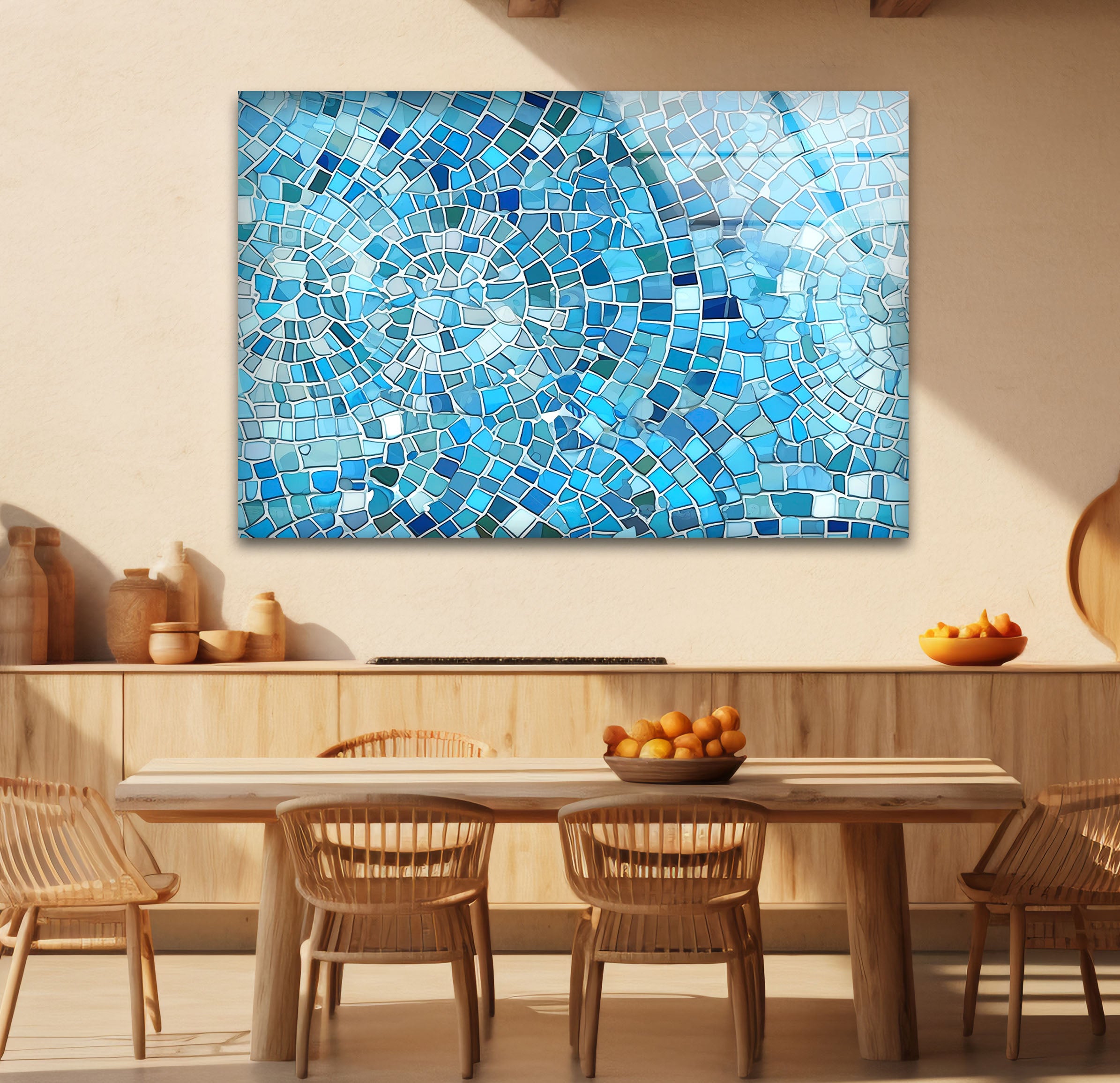 Aqua Blue Mosaic Glass Wall Art - Coastal Geometric Bathroom Decor for Spa, Beach House & Home - Perfect for Bathroom, Living Room, Bedroom Wall Decor