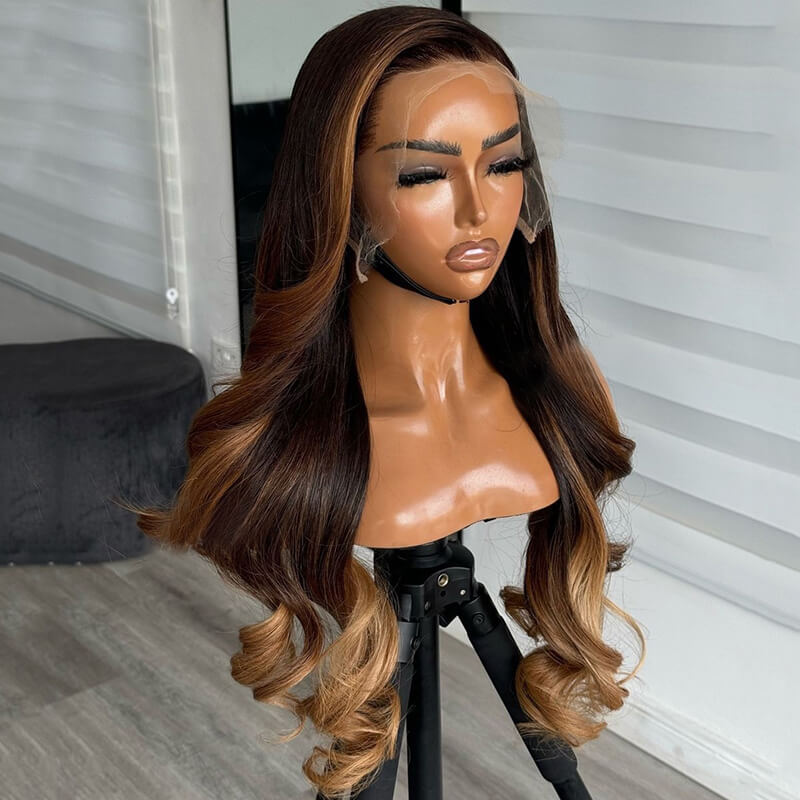 Eullair Skunk Stripe Brown with Honey Blonde Highlights Lace Front Human Hair Wig - Body Wave Curling Iron Styled Lace Wig for Black Women (EW013) - Perfect for Daily Wear, Parties & Special Occasions