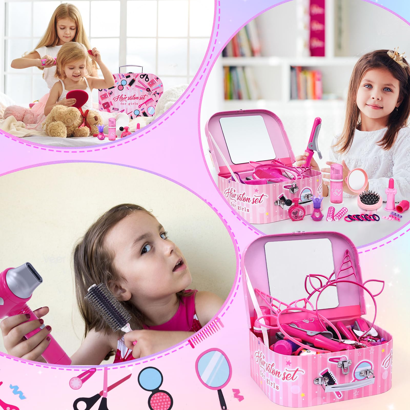 Lorfancy 49-Piece Kids Pretend Play Hair Salon & Beauty Makeup Set with Hairdryer, Apron, Curling Iron, Flat Iron, Mirror & Scissors - Toddler Dress Up Toys for Girls - Perfect Birthday Gift for Pretend Play, Role Play & Creative Fun
