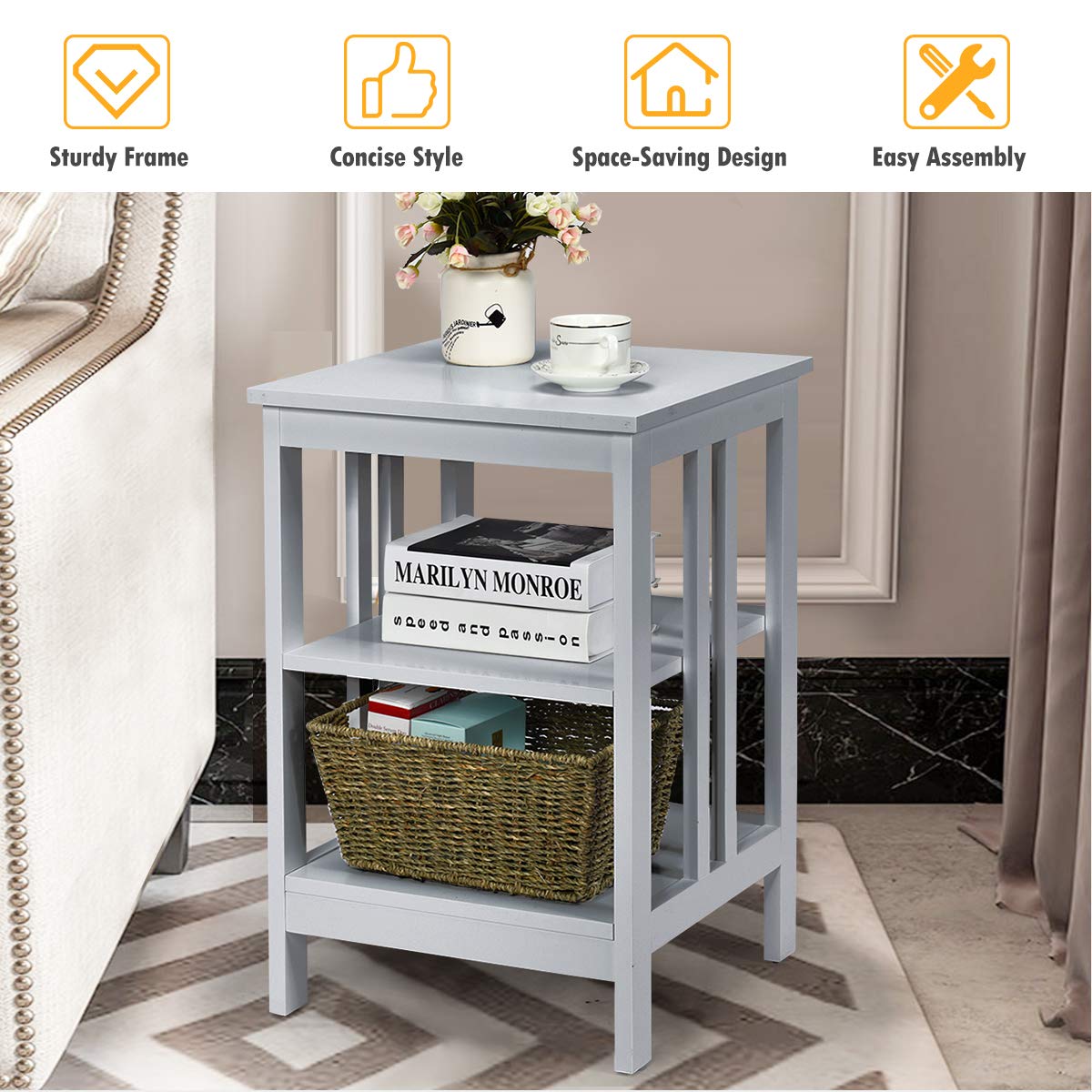Giantex 3-Tier Nightstand Set of 2 - Modern Bedside Table with Storage Shelves & Reinforced Metal Frame - Sturdy Wooden End Table for Bedroom, Living Room - Easy Assembly, Gray - Perfect for Small Spaces & Apartment Living