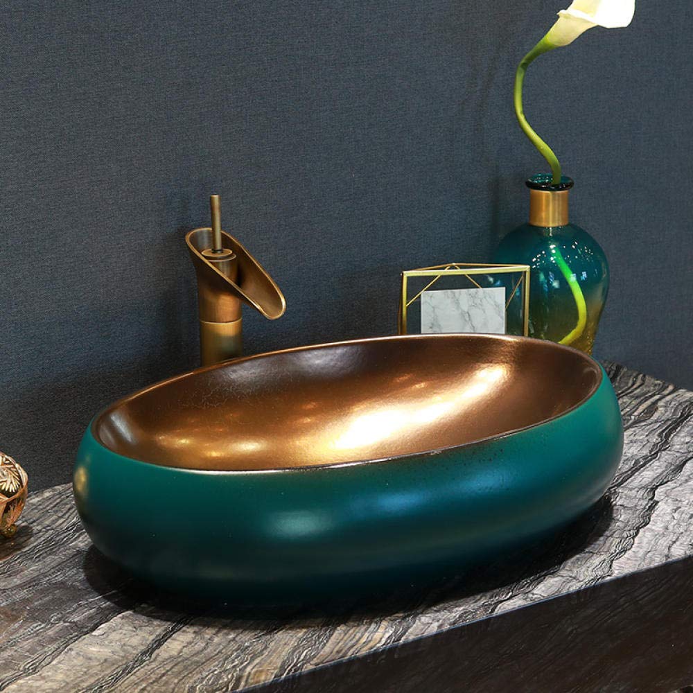 ROLTIN Golden Countertop Basin - Art Ceramic Vessel Sink for Bathroom Vanity | Modern Freestanding Washbasin for Powder Room, Guest Bath & Master Suite