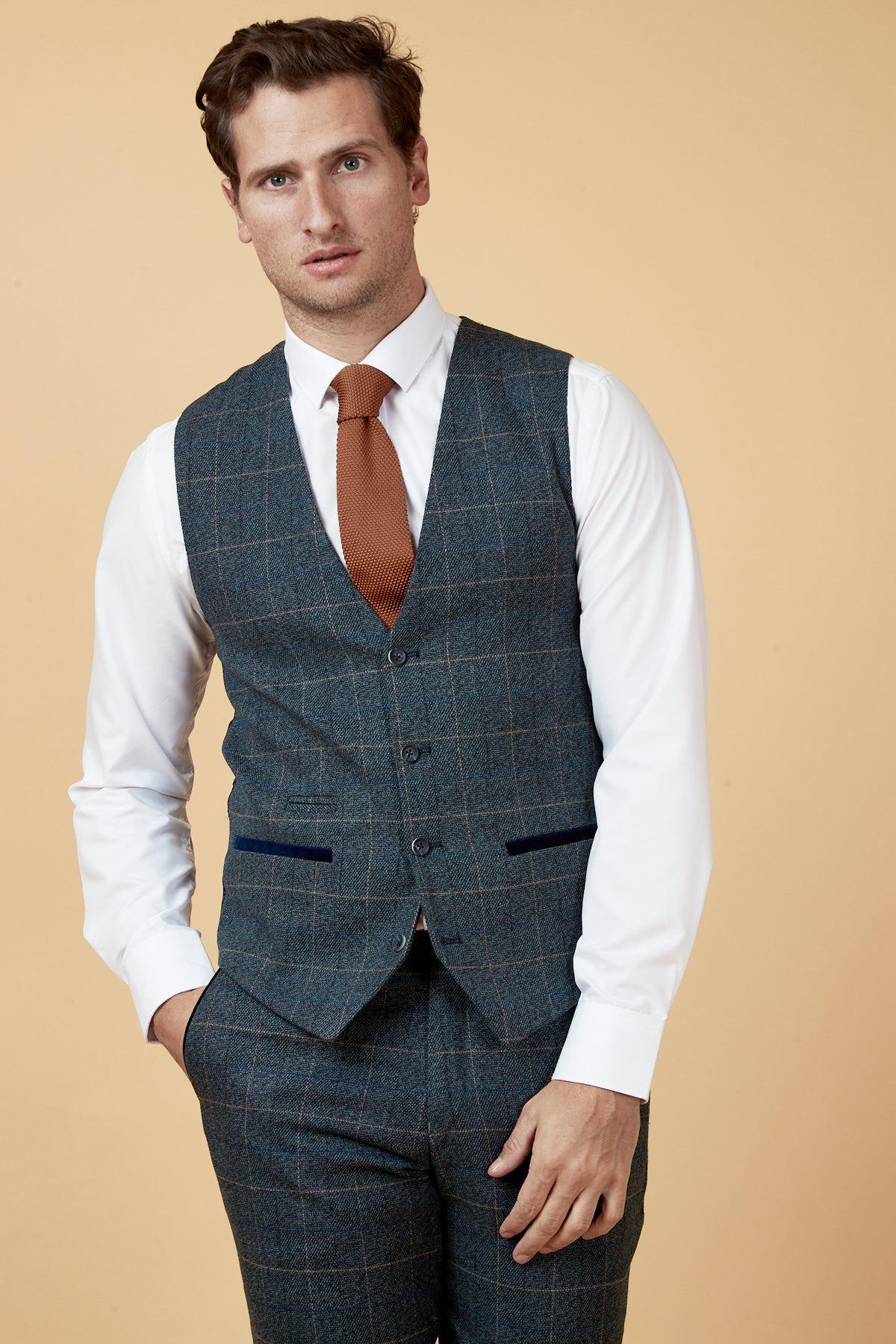 LEN SCOTT Men's Blue Tweed Check Waistcoat Vest - Stylish Formal Wear for Weddings, Business Meetings & Special Occasions