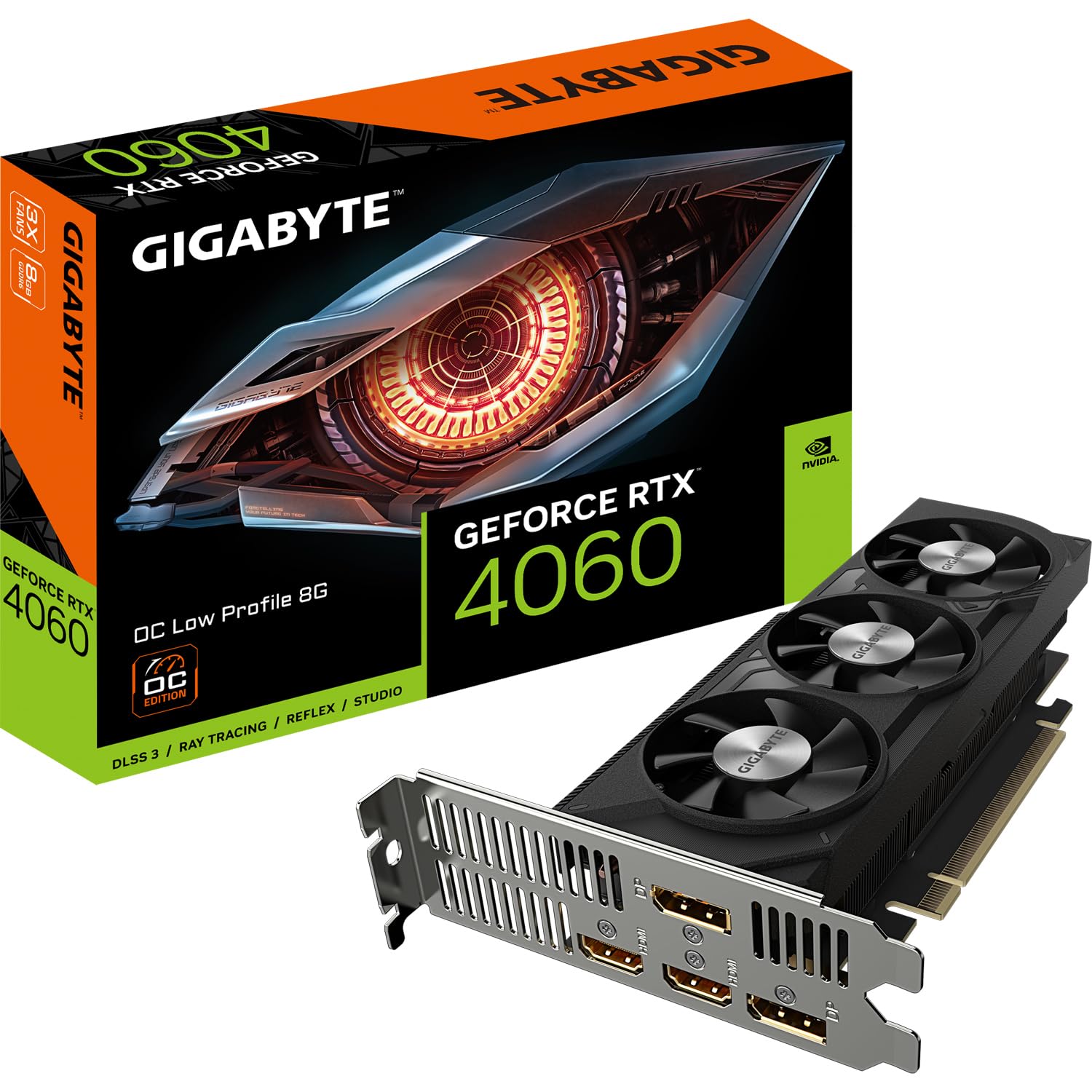 Gigabyte NVIDIA GeForce RTX 4060 OC Low Profile 8GB GDDR6 Graphics Card - 128-bit, PCIe 4.0, 2475MHz Boost Clock, Dual DP 1.4 & HDMI 2.1a, DLSS 3 Support (GV-N4060OC-8GL) - Perfect for Compact Gaming PCs, Home Theater & SFF Builds