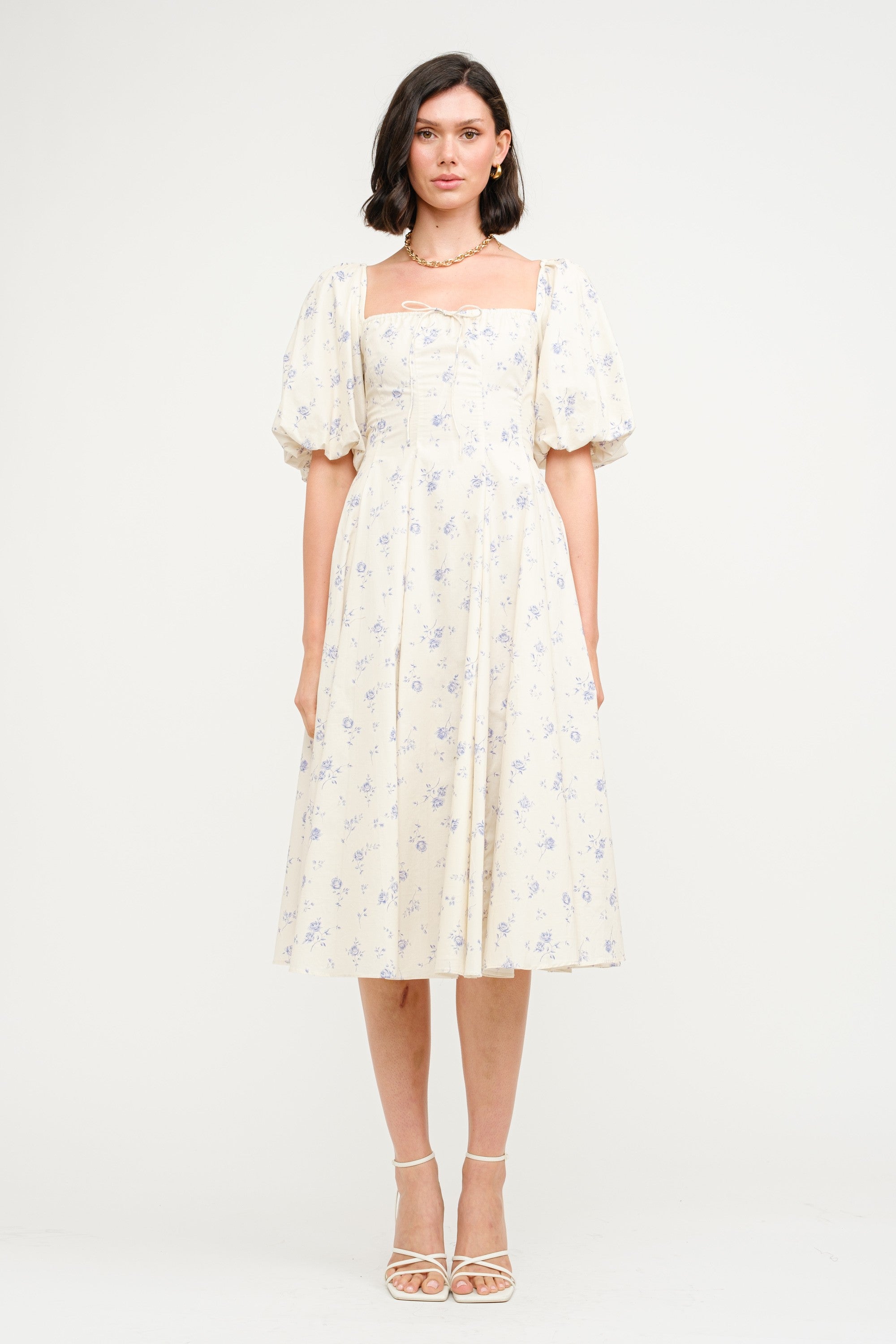Olivia 100% Cotton Floral Printed Midi Dress in Ivory - Elegant Summer Dress for Women, Perfect for Beach Vacations, Garden Parties & Date Nights