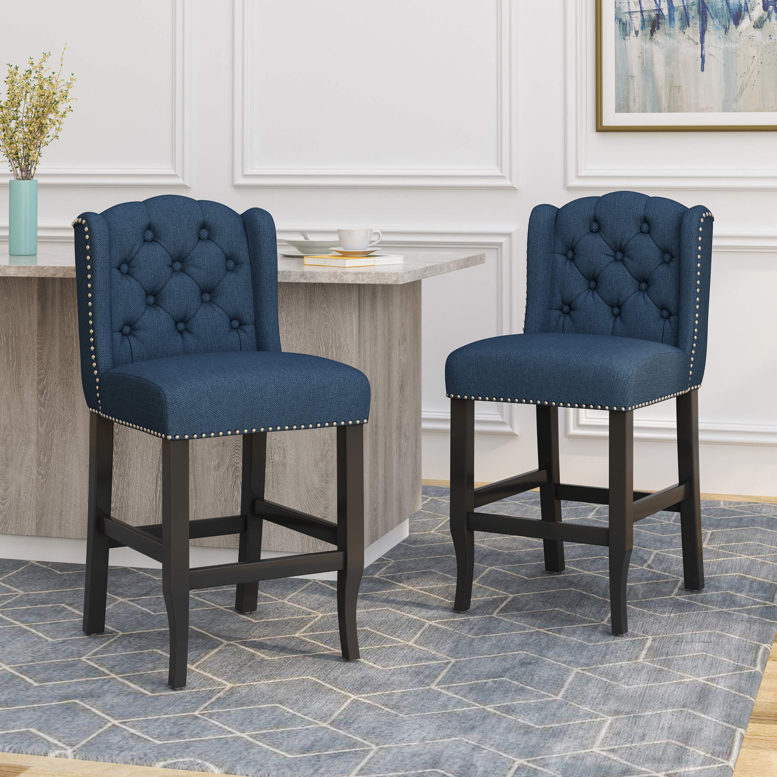 GDFStudio Navy Blue & Dark Brown Counter Stool - 24