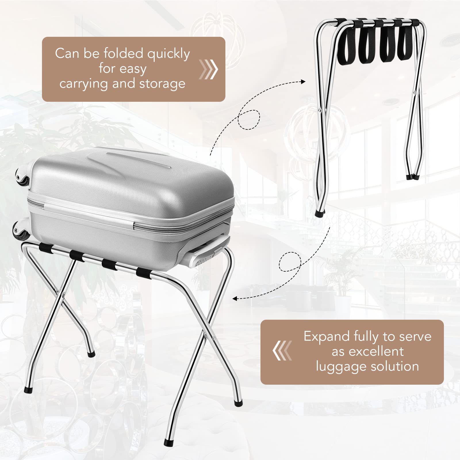 GOFLAME Folding Luggage Rack - Chrome Metal Suitcase Stand for Bedroom, Guest Room & Hotel - No Assembly Required (Set of 2) - Perfect for Travelers & Home Organization