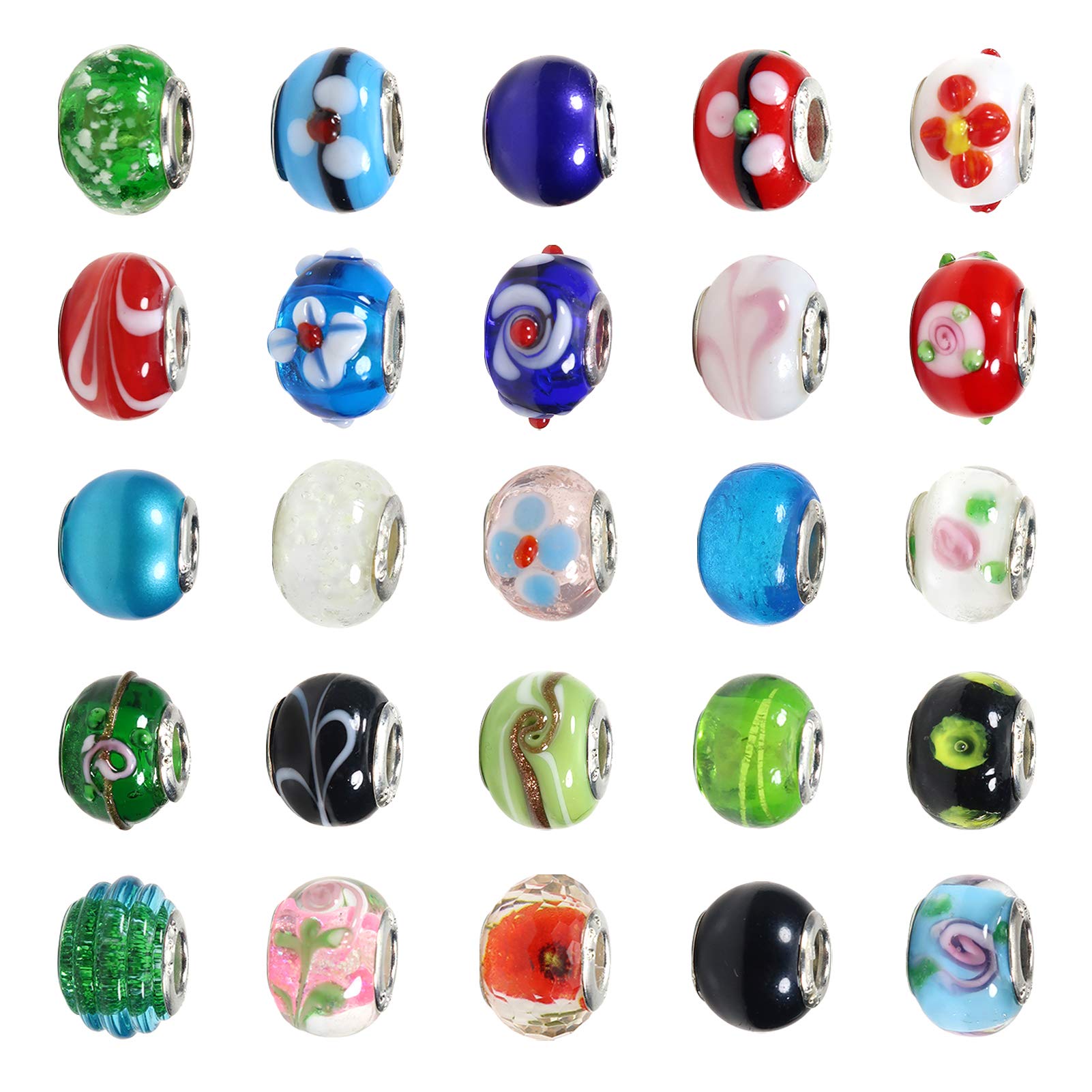 TOAOB 50pcs Assorted Glass European Lampwork Beads - Large Hole Spacer Beads with Brass & Silver Core - DIY Jewelry Making Supplies for Bracelets, Necklaces & Crafts - Perfect for Boho, Wedding & Handmade Accessories