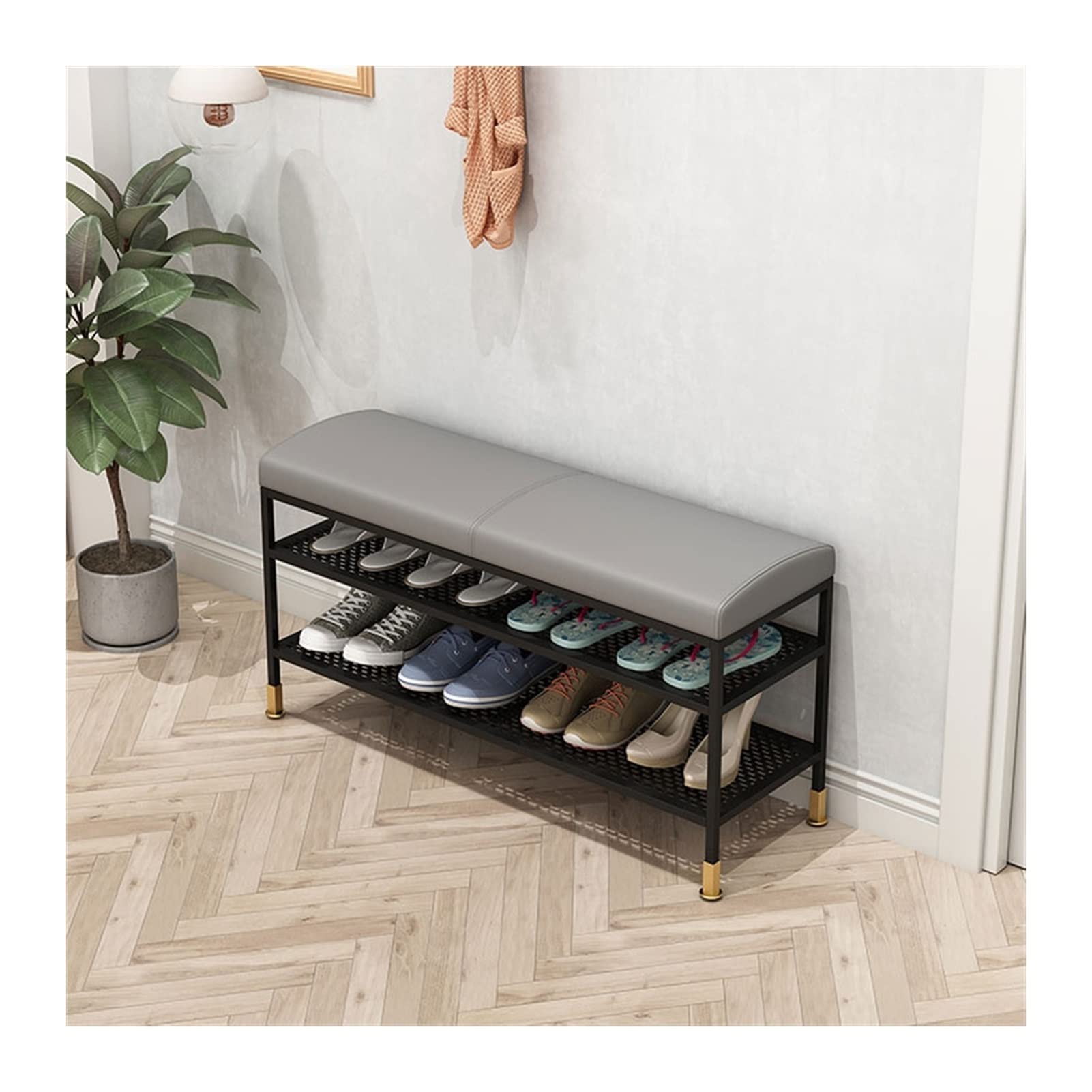 3-Tier Metal Shoe Storage Bench with Leather Seat - 60cm Gray Entryway Organizer for Foyer, Bedroom & Living Room | Perfect for Small Space Organization & Shoe Display