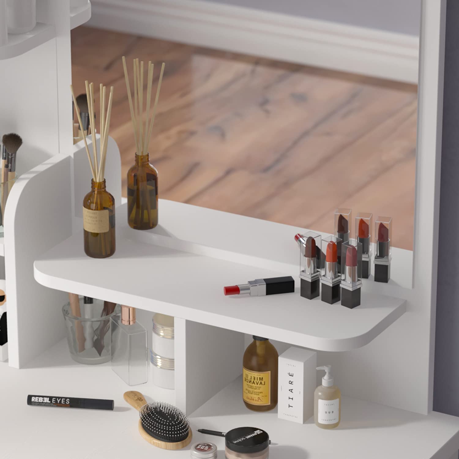 White Vanity Desk Set with Mirror & Stool - 5 Drawers for Bedroom Makeup