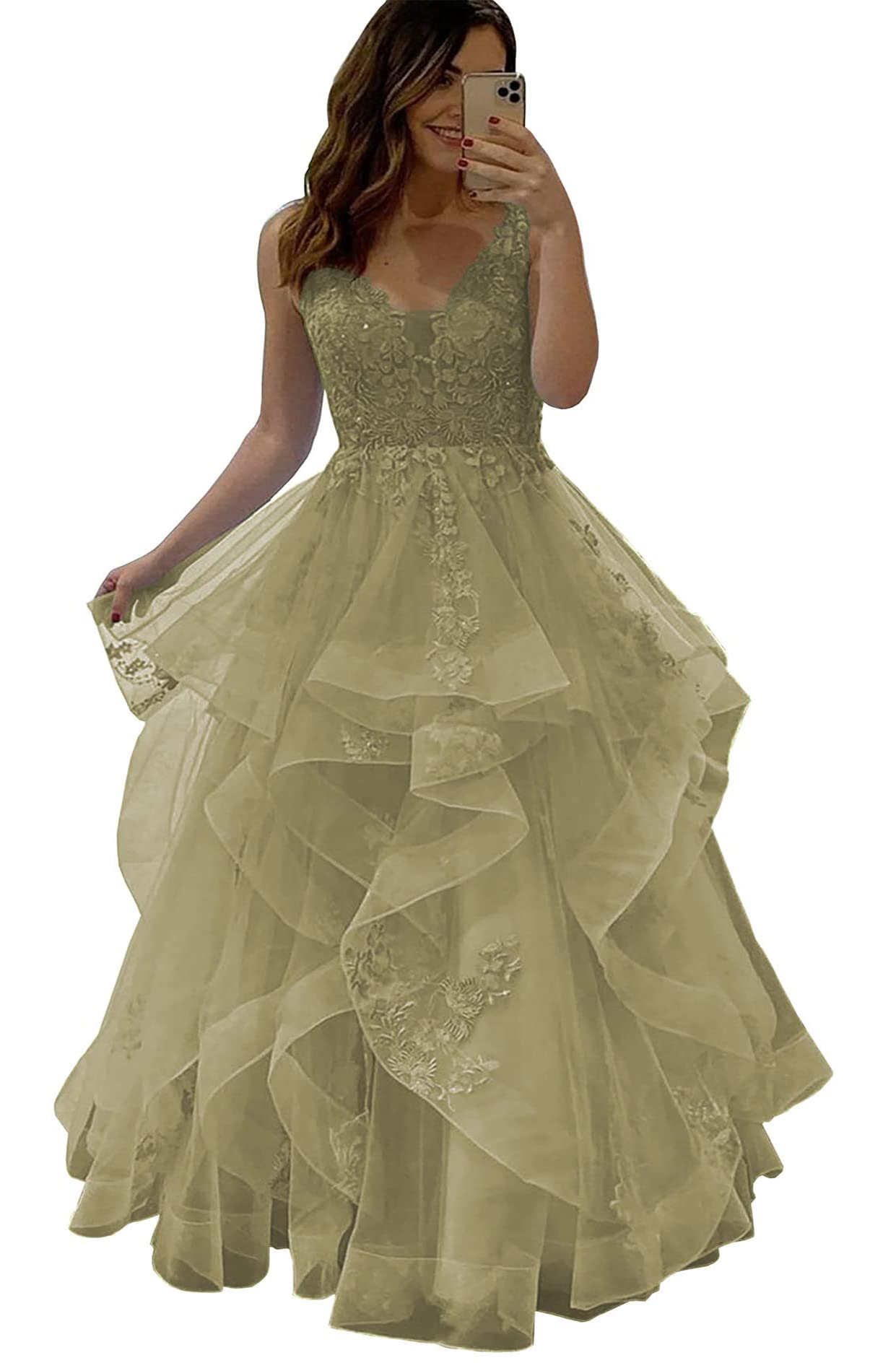 Elegant Women's Prom Dresses Long Ball Gowns Fluffy Layered Formal Evening Dress V Neck Tulle Lace Applique Sleeveless - Perfect for Homecoming, Wedding, Quinceañera & Special Occasions