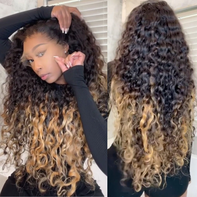 Eullair Ombre 1B Honey Blonde Water Wave Glueless Lace Frontal Wig - HD Lace Pre-Colored Two-Tone Curly Human Hair Wig - Easy Install & Low Maintenance (EW004) - Perfect for Daily Wear, Cosplay & Special Occasions
