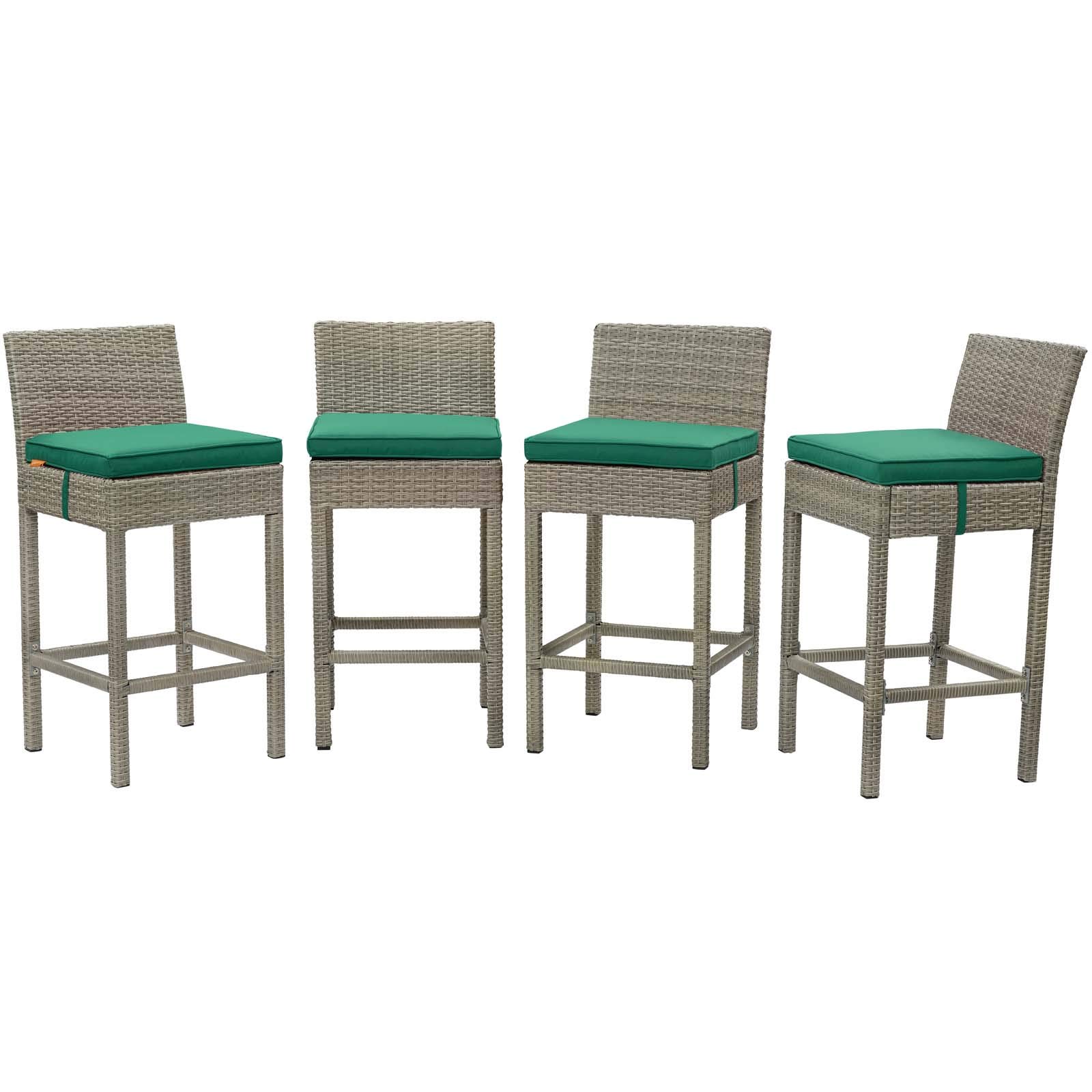 Modern Outdoor Patio Garden Bar Stool Set of 4, Green Fabric Rattan Wicker Chairs for Backyard, Poolside, and Terrace Relaxation