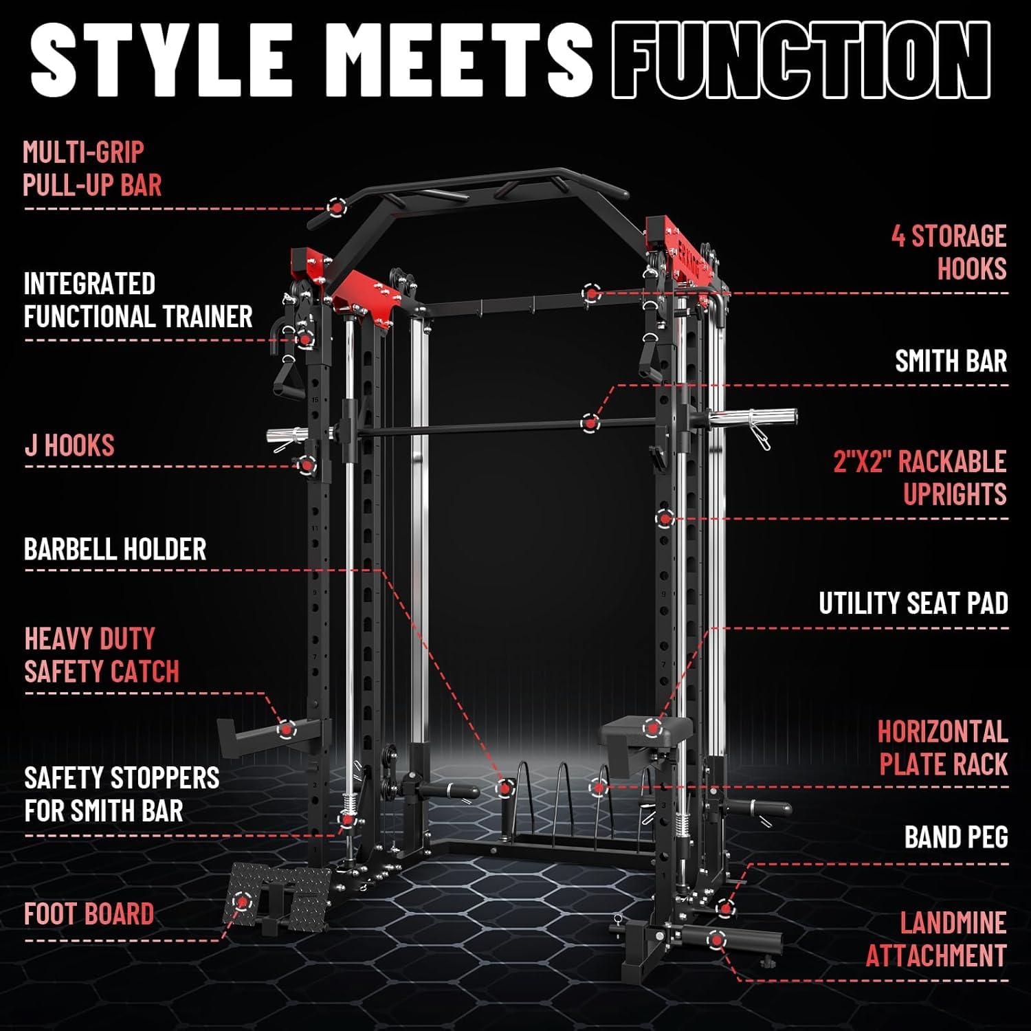 Smith Machine 2000LBS Power Cage - Squat Rack with Cable Crossover & LAT Pulldown System | Multi-Functional Home Gym Equipment for Strength Training, Weight Lifting & CrossFit Workouts | Perfect for Garage & Basement Home Gyms