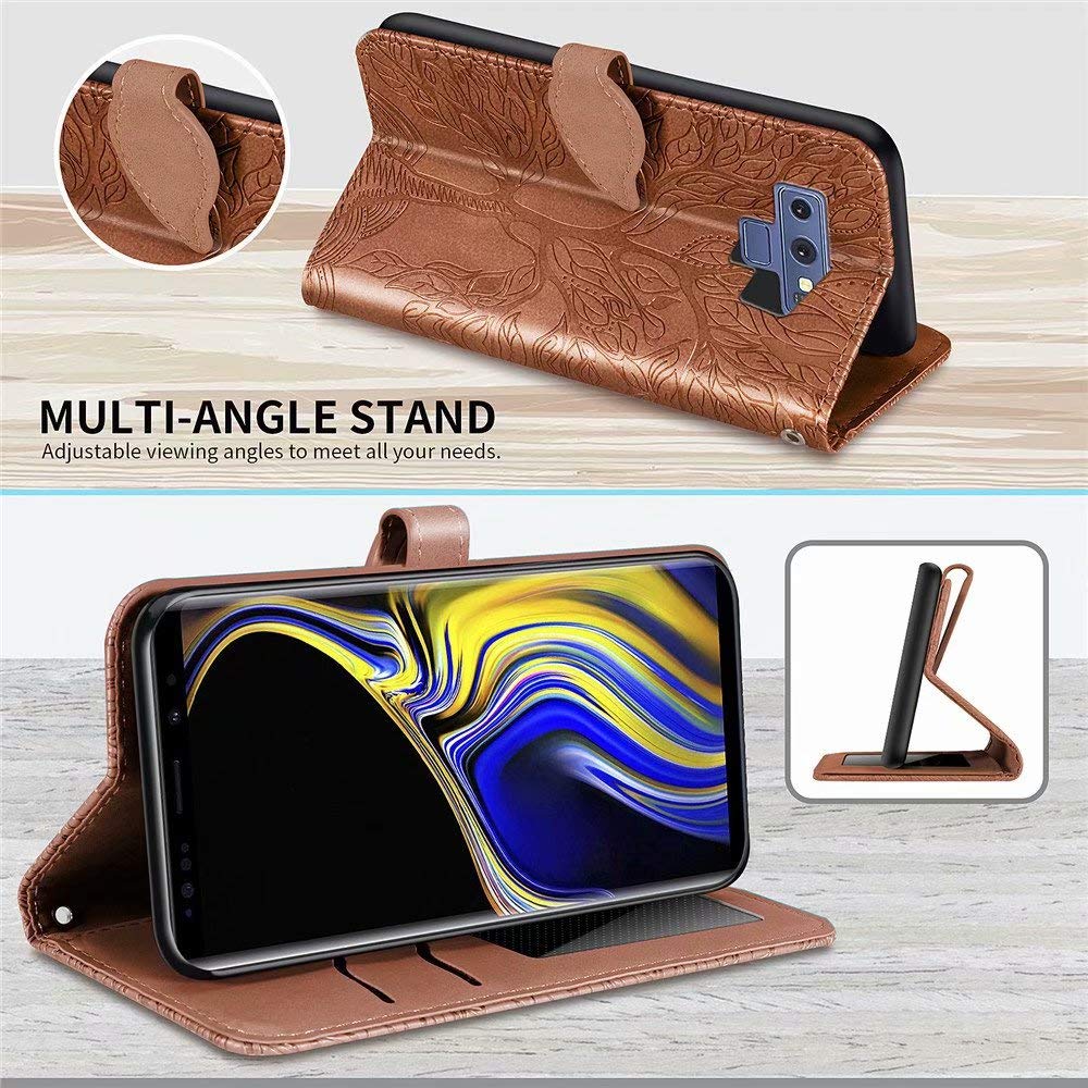 Premium PU Leather Wallet Case for Samsung Galaxy Note 9 - Embossed Tree Design, Folio Flip Cover with Kickstand, Card Slots & Wrist Strap | 6.4 inch Protective Phone Cover (R-Brown) | Perfect for Business, Travel & Everyday Use