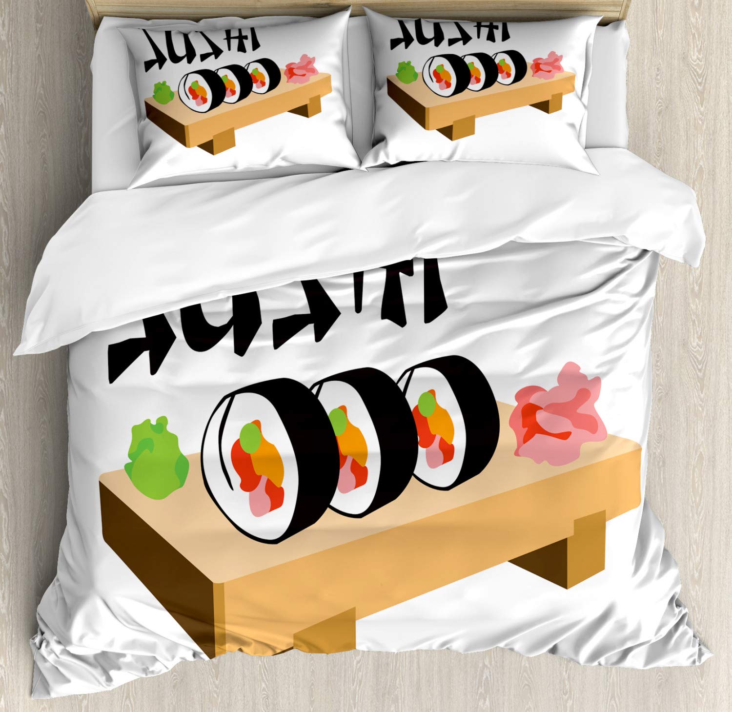 Ambesonne Japanese Sushi Duvet Cover Set - King Size 3-Piece Bedding with Wasabi Print & Wooden Plate Design, Includes 2 Pillow Shams - Perfect for Asian-Themed Bedrooms, Sushi Lovers' Home Decor