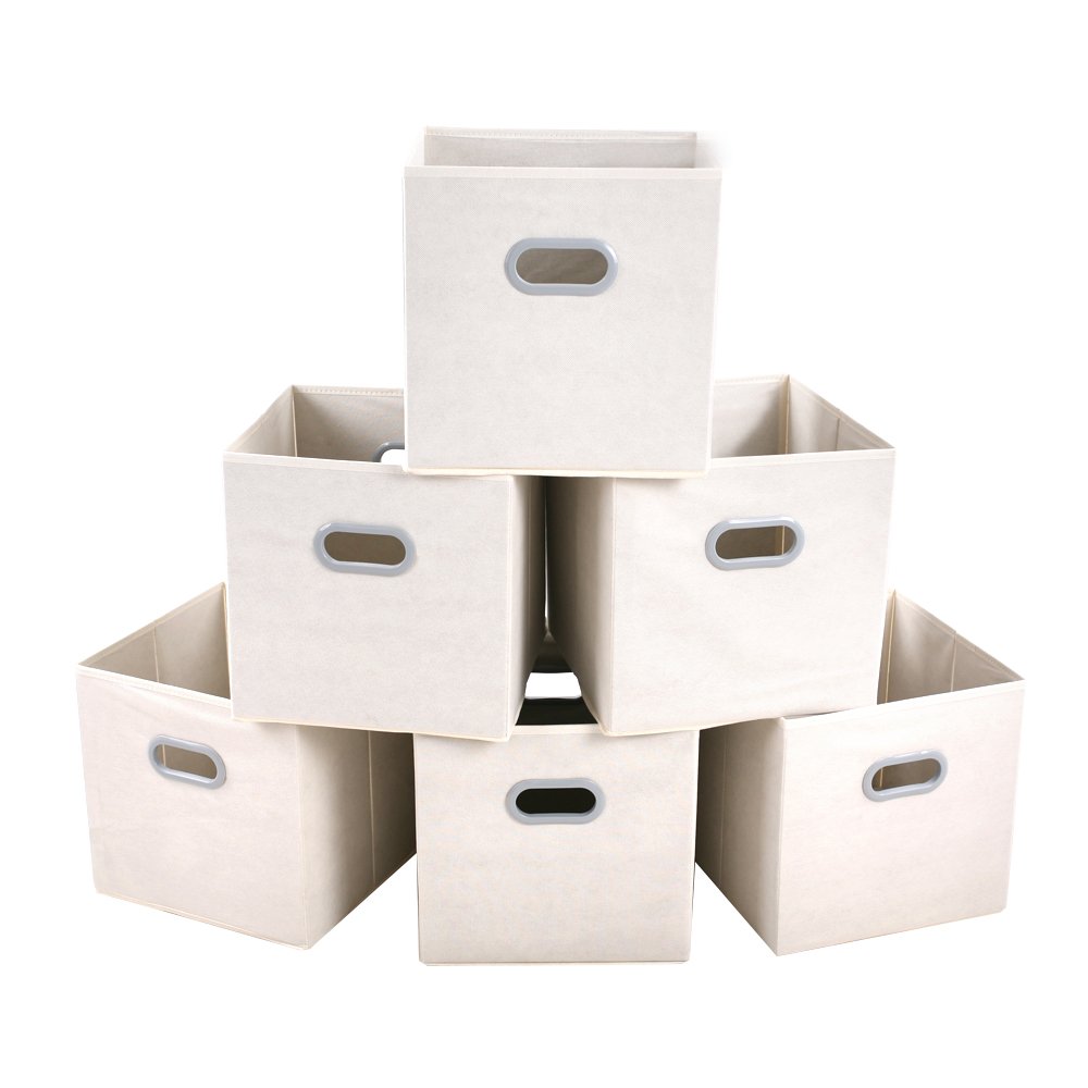 MAX Houser 6-Pack Foldable Fabric Storage Bins with Dual Plastic Handles - Beige Closet Organizers for Bedroom, Nursery, Office & Laundry Room - Space-Saving Storage Cubes & Baskets for Shelves & Drawers