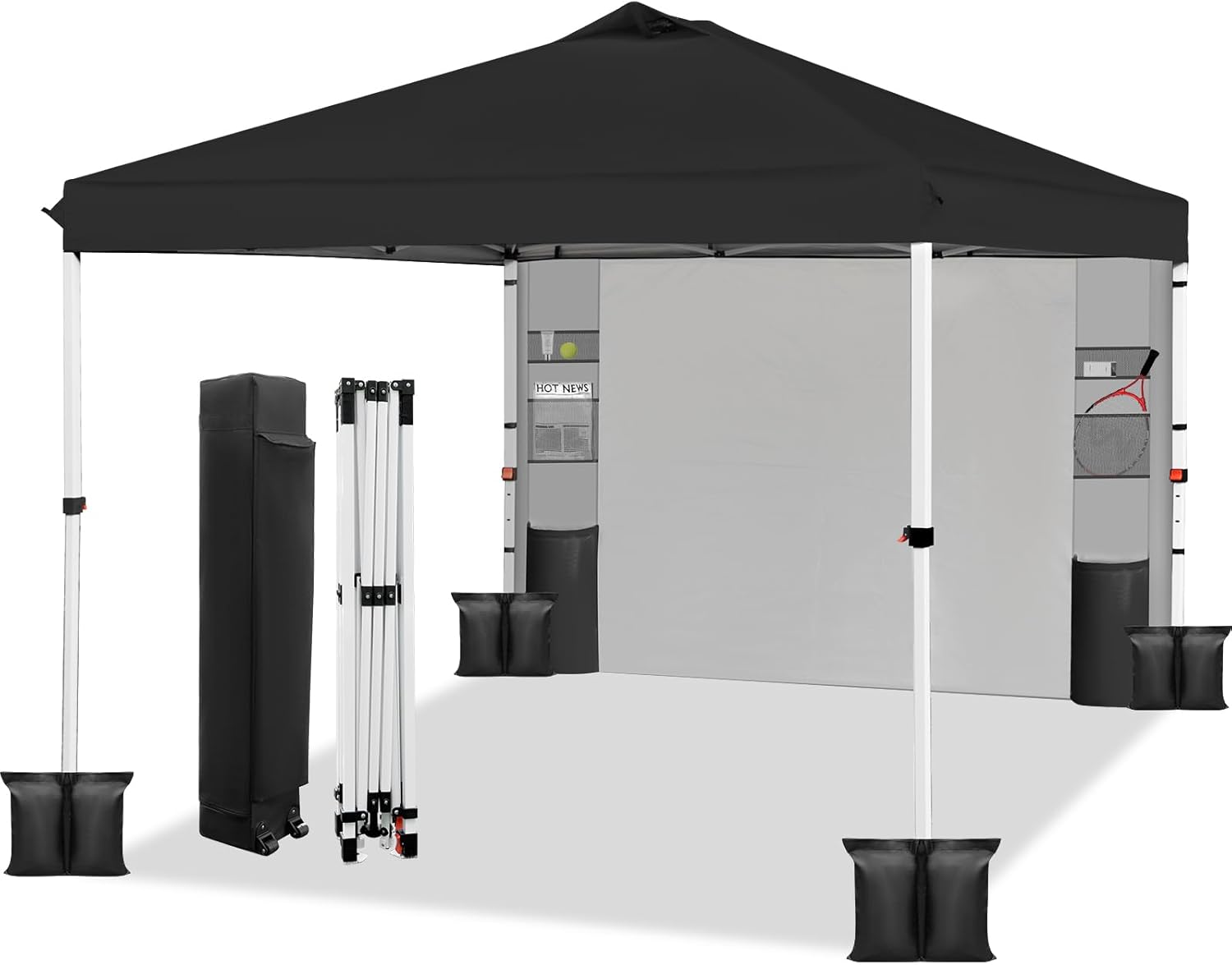 WEIZE 10x10 Pop Up Canopy Tent - Instant One-Button Setup Gazebo with Adjustable Height, 1 Sidewall & 6 Storage Pockets | Includes 4 Weight Bags | Portable Sun Shelter for Outdoor Events, Beach Parties, Camping & Backyard Gatherings (Black)