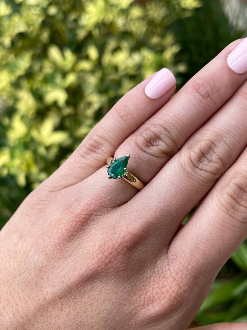 1.06 Carat Natural Brazilian Emerald Pear Cut Solitaire Ring - 14K Gold Six Prong Setting for Engagement, Wedding & Anniversary Gifts