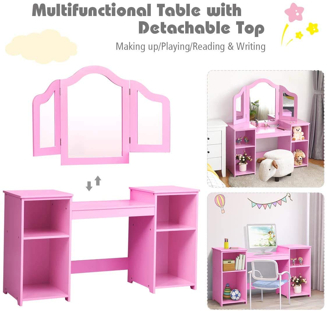 White Kids Vanity with 4 Storage Shelves & 2 Folding Mirrors - 2-in-1 Makeup Dressing Table for Girls (Pink) | Perfect for Bedroom, Playroom & Birthday Gifts