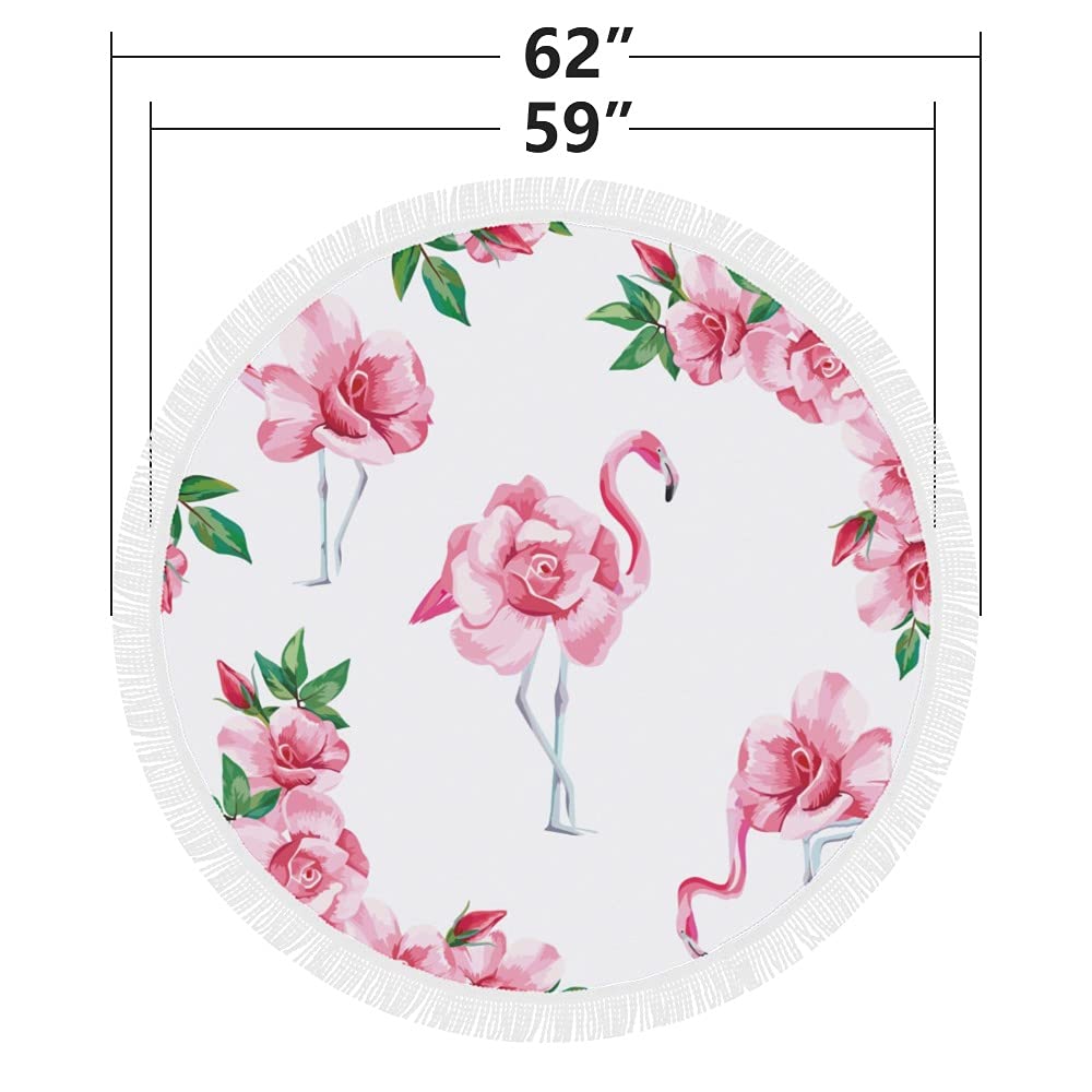Tropic Pink Flamingo & Rose Round Beach Towel - 59 Inch Large Soft Pool Towel with Tassels for Adults & Kids - Perfect for Beach, Poolside, Picnic and Outdoor Activities