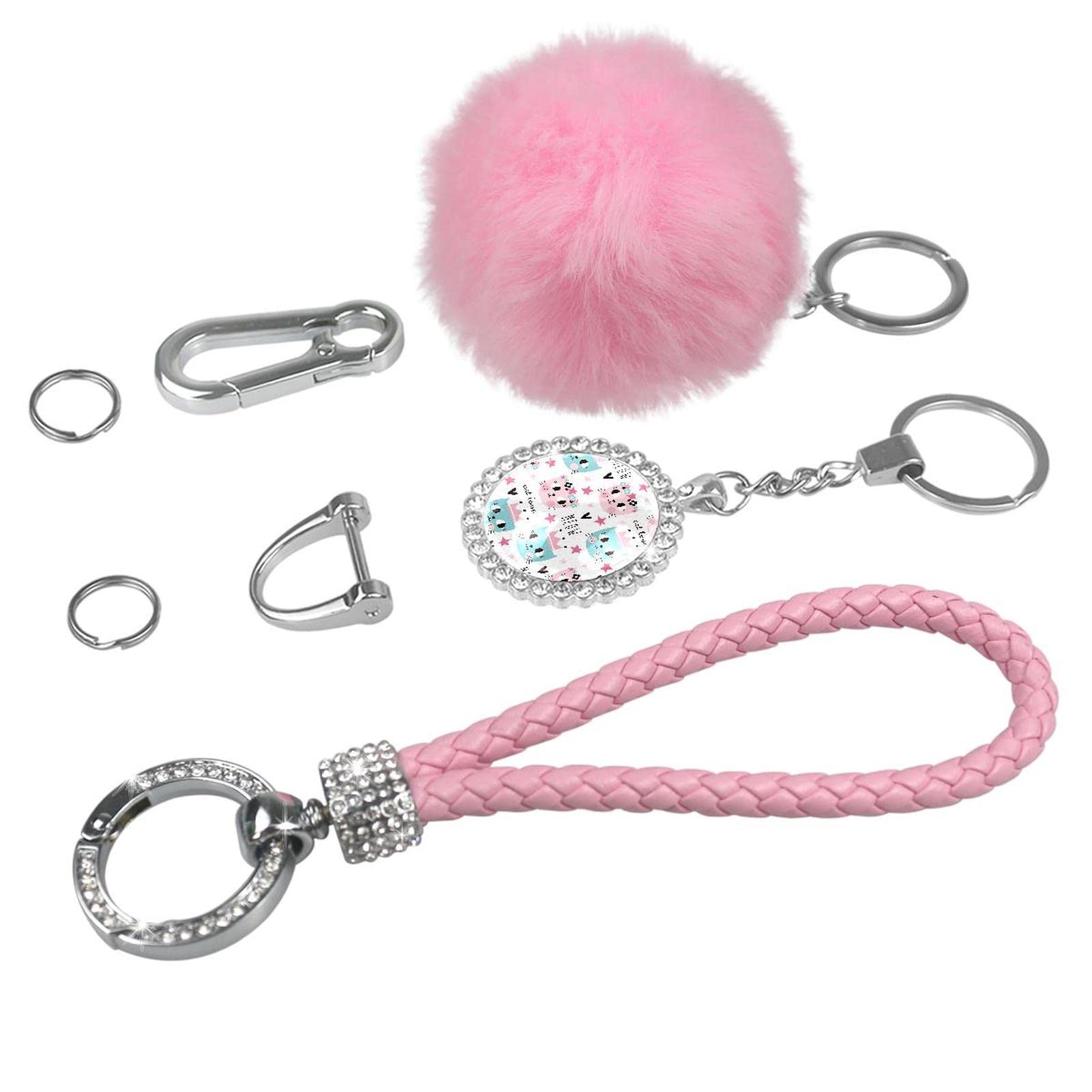 D-Shape Car Keychain Set with Pom Pom & Shark Pattern - Bling Crystal Key Rings for Women & Girls - Perfect for Car Keys, Bags & Backpacks