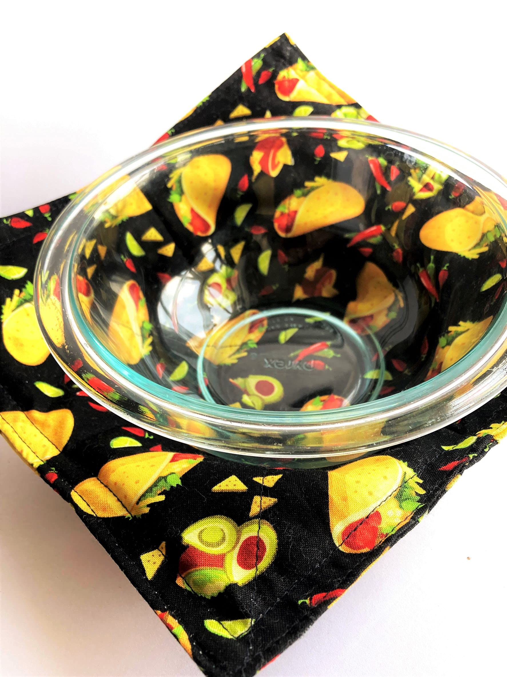 Set of 2 Cotton Bowl Cozies - Microwave & Oven Safe Hot Pads for 8 Inch Bowls - Black with Yellow & Red Taco Print - Perfect for Serving Hot Soups, Stews & Mexican Dishes