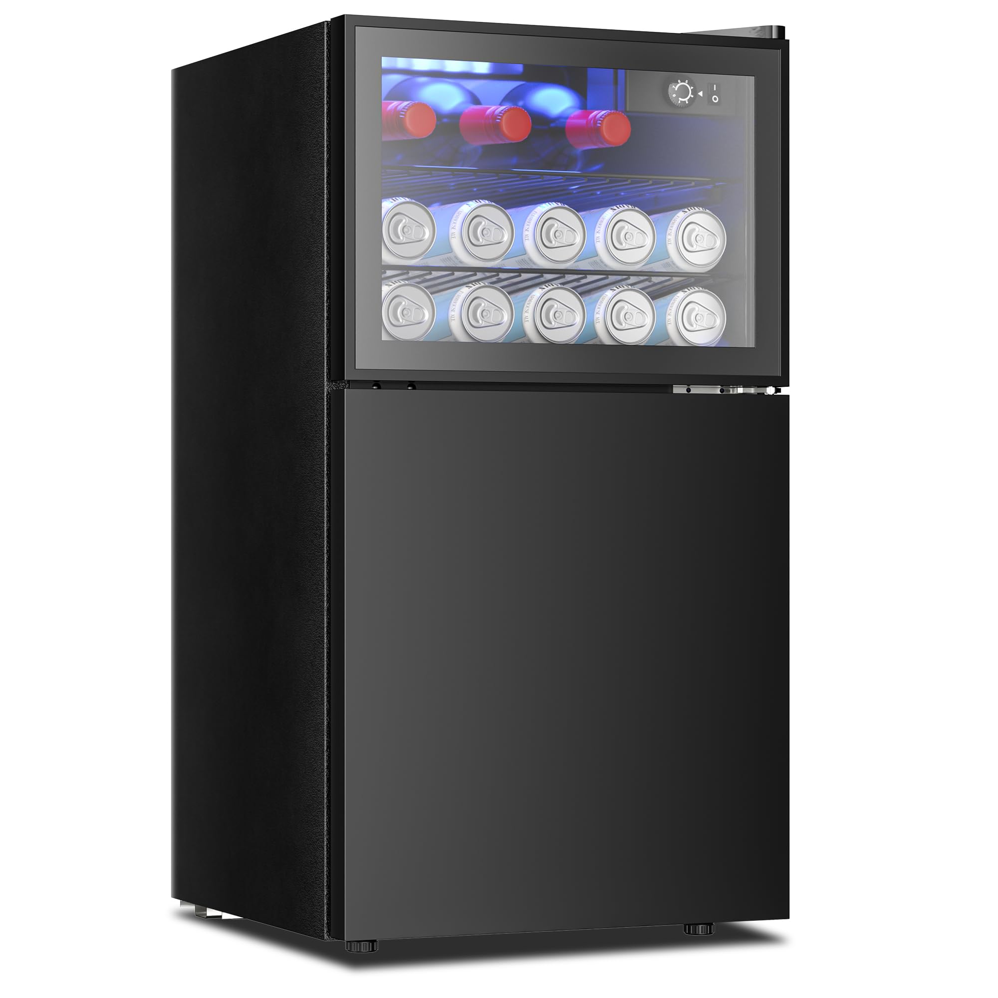 EUHOMY 3.2 Cu Ft Double Door Mini Fridge with Freezer - Compact Freestanding Refrigerator with Adjustable Temperature Control, Reversible Door - Perfect for Kitchen, Office, Bar, Dorm, RV - Keep Beverages, Snacks, Wine Fresh