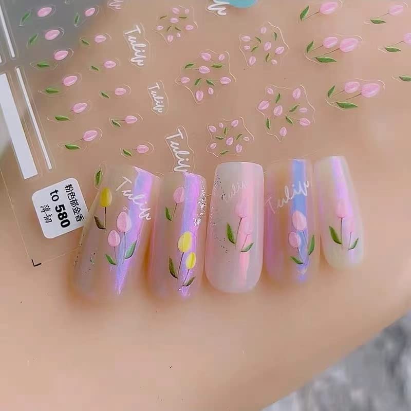 Tulip Nail Art Stickers - Floral Nail Decals for Spring, Embossed Flower Nail Stickers (3 Sheets) | Perfect for DIY Manicures, Nail Salon Decorations & Spring Nail Designs