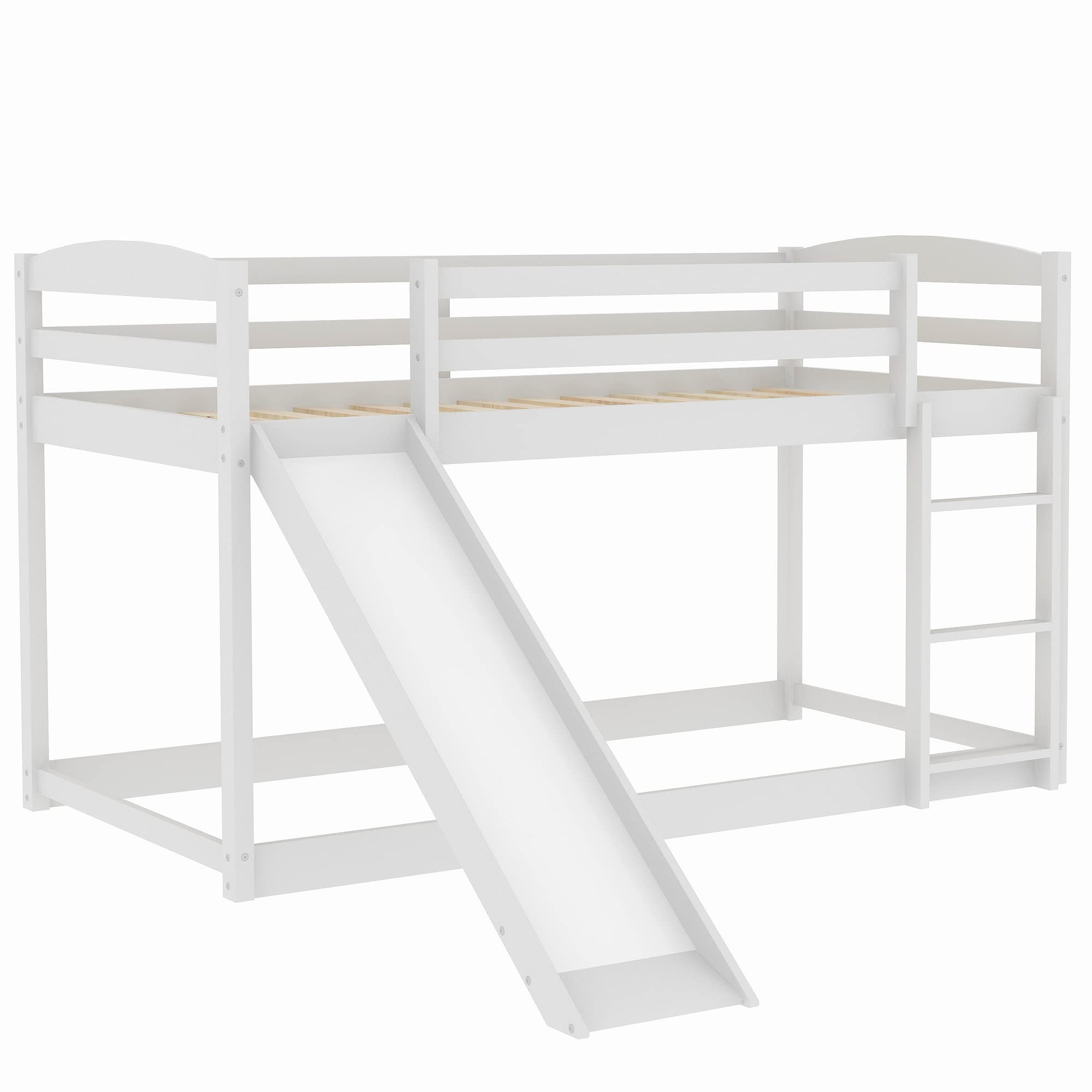 Harper & Bright Designs Low Bunk Bed with Slide - Twin Over Twin Wooden Bunk Bed with Ladder for Kids & Toddlers - White - Perfect for Small Bedrooms, Playrooms & Shared Kids' Spaces
