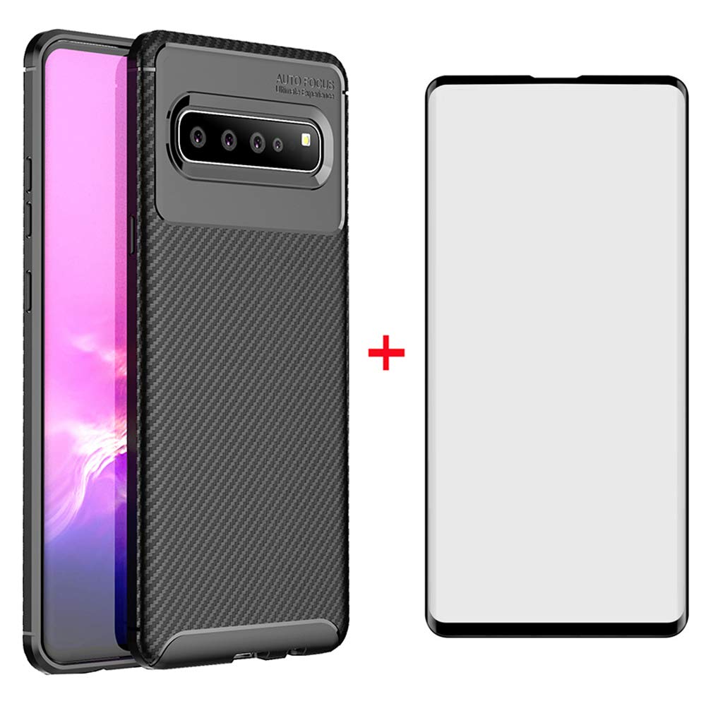 Samsung Galaxy S10 5G Phone Case with Tempered Glass Screen Protector - Slim Thin Rugged Soft TPU Silicone Carbon Fiber Cover for Men & Women (Black) | Perfect for Everyday Protection & Style