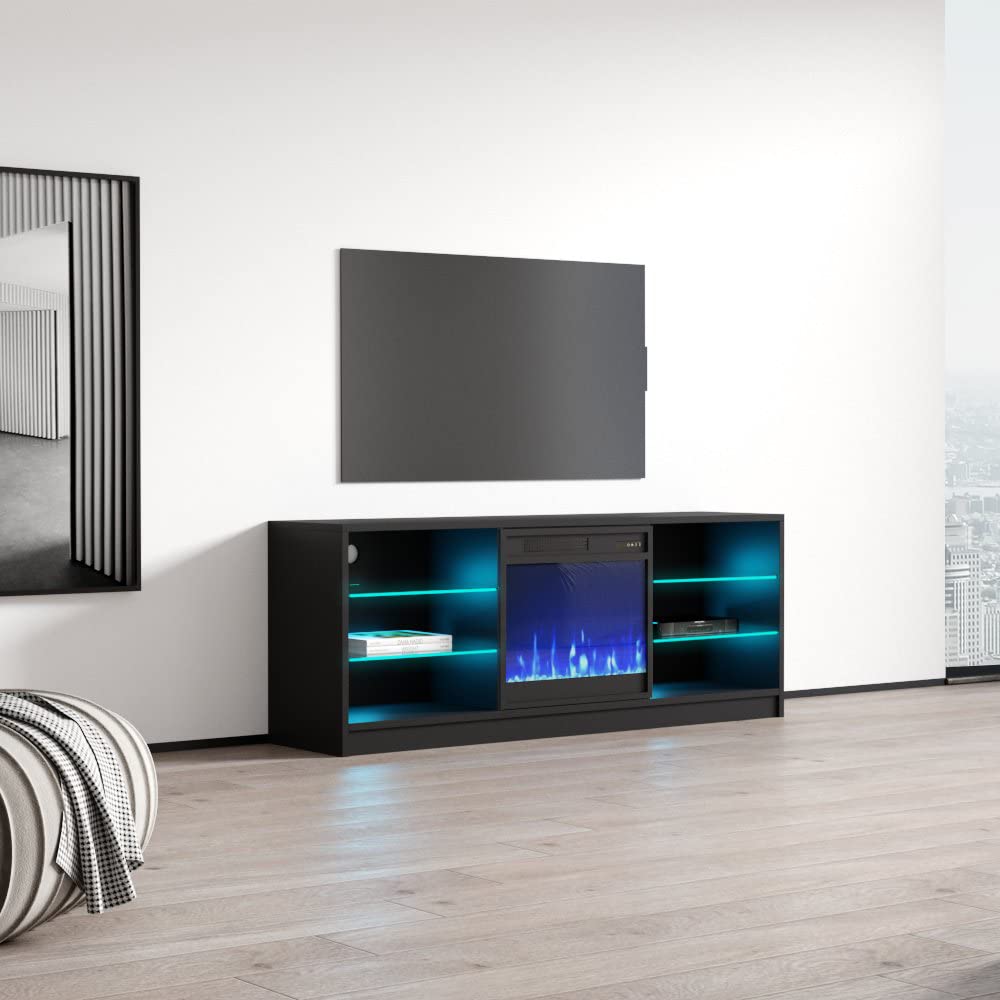 Modern Manhattan TV Stand with Electric Fireplace & Storage Cabinets - 65