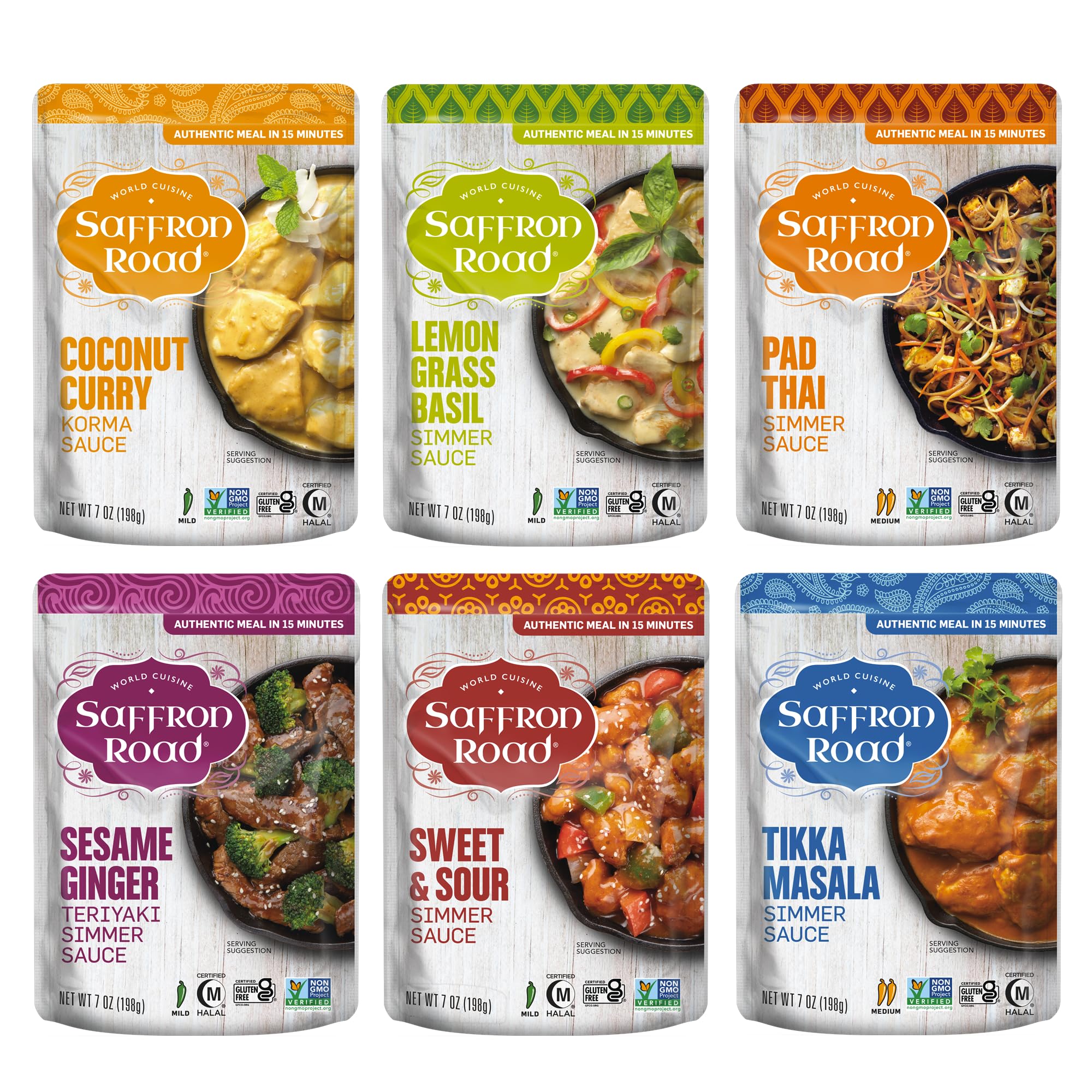 Saffron Road Simmer Sauce Variety Pack - 6 Pack (7 oz Each) | Non-GMO, Gluten-Free, Halal Certified | Perfect for Indian & Middle Eastern Cuisine, Meal Prep & Quick Dinners
