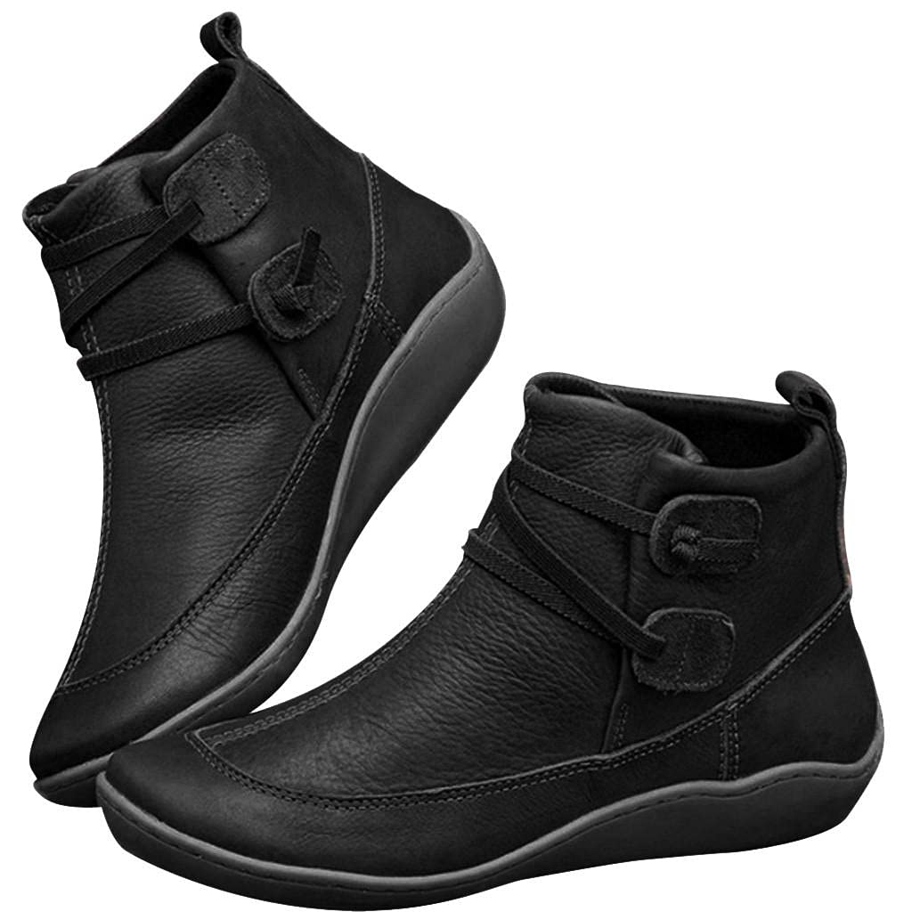 Women's Ankle Boots No Heel - Arch Support Side Zipper Vintage Leather Flat Booties for Comfort & Style - Perfect for Casual Outfits, Work & Fall/Winter Fashion