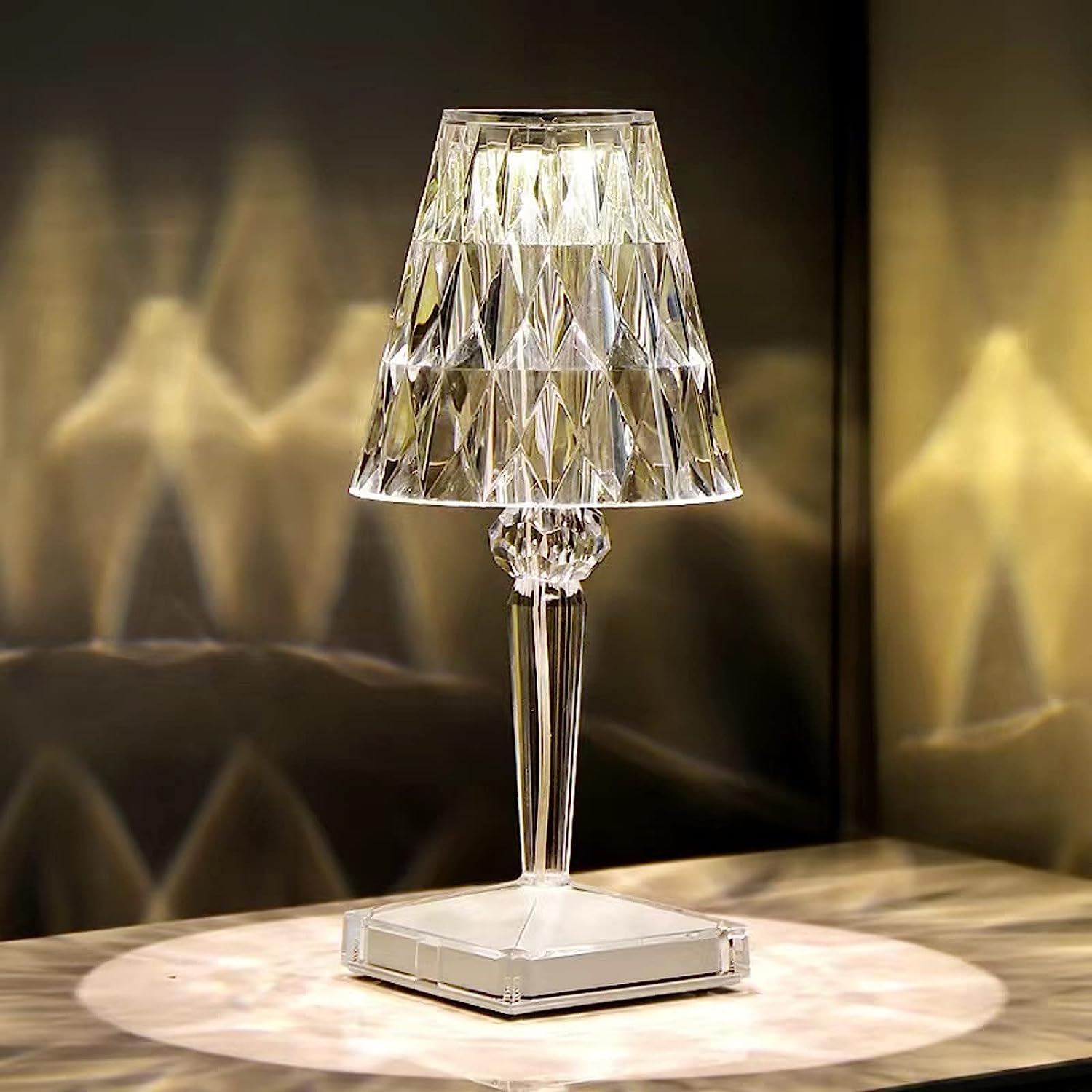 Crystal Diamond Table Lamp - 3 Color Touch Control, Rechargeable Wireless Night Light with 3 Brightness Levels | Modern Acrylic Bedside & Desk Lamp for Home Decor, Office, Dorm Room Lighting