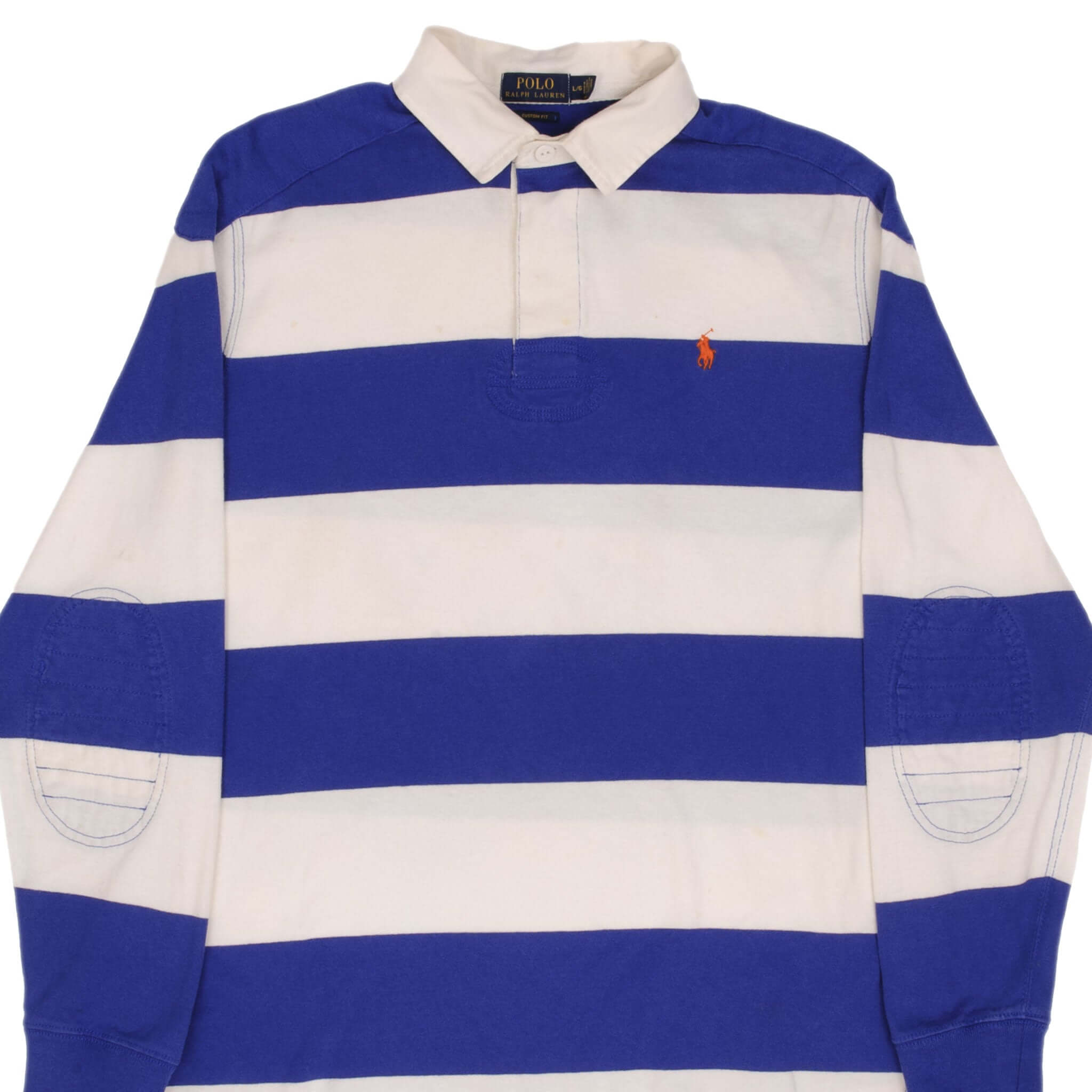 RALPH LAUREN Men's Blue & White Striped Rugby Polo Shirt - Size Large - Classic Cotton Casual Wear for Golf, Work & Weekend Outings