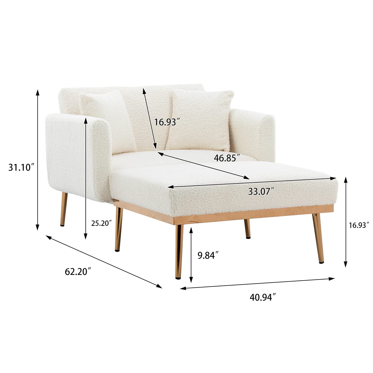 KINFFICT Convertible Chaise Lounge Chair - Modern Adjustable Lounger with 3 Positions, Indoor Sleeper Sofa Bed Includes 2 Pillows, 400 LBS Weight Capacity, Creamy White - Perfect for Living Room, Bedroom, Office & Small Space Relaxation