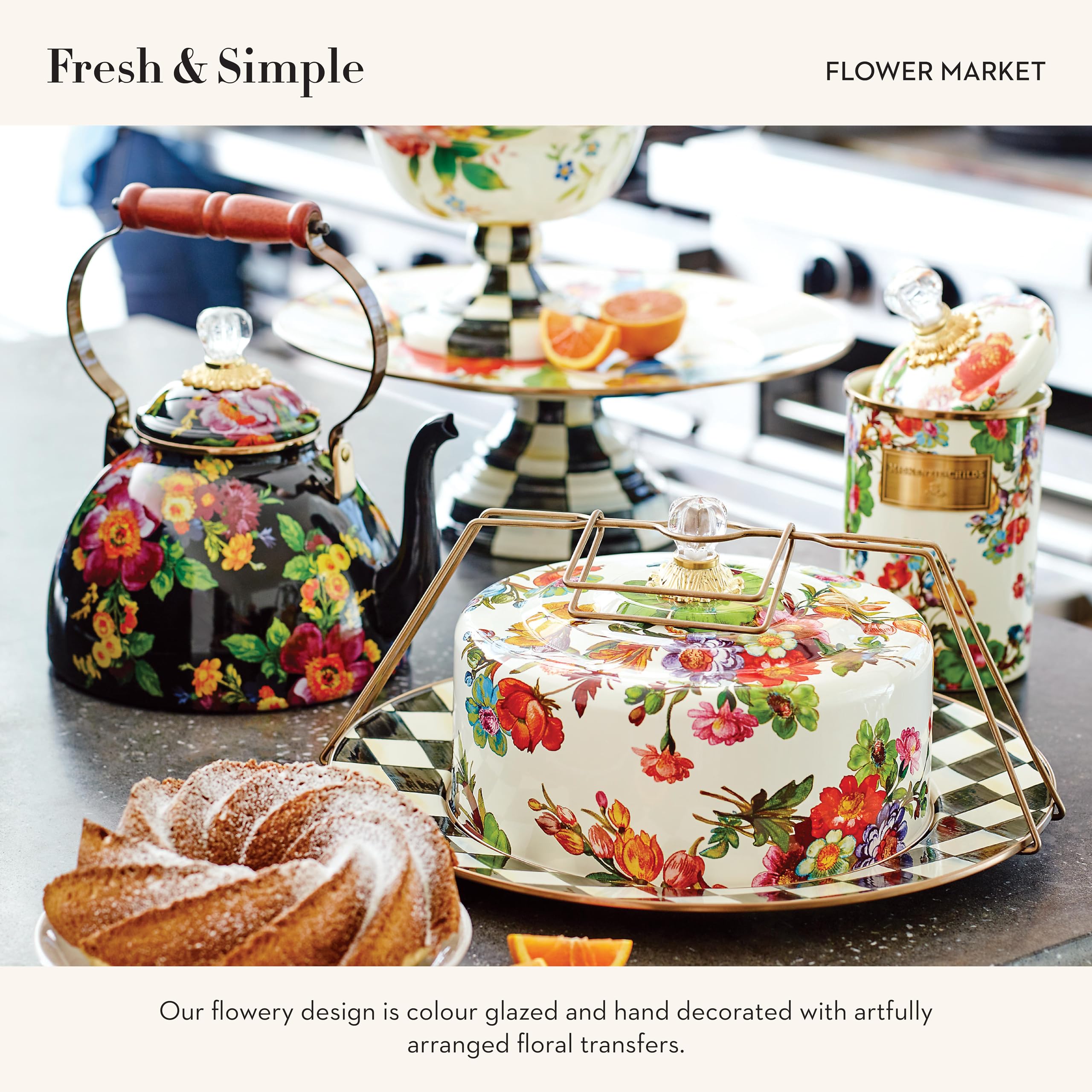 MACKENZIE-CHILDS Large Enamel Canister - 1.89L Kitchen Storage Container for Flour, Sugar & Dry Goods | Airtight White Flower Market Design | Perfect for Pantry Organization & Farmhouse Style Kitchens