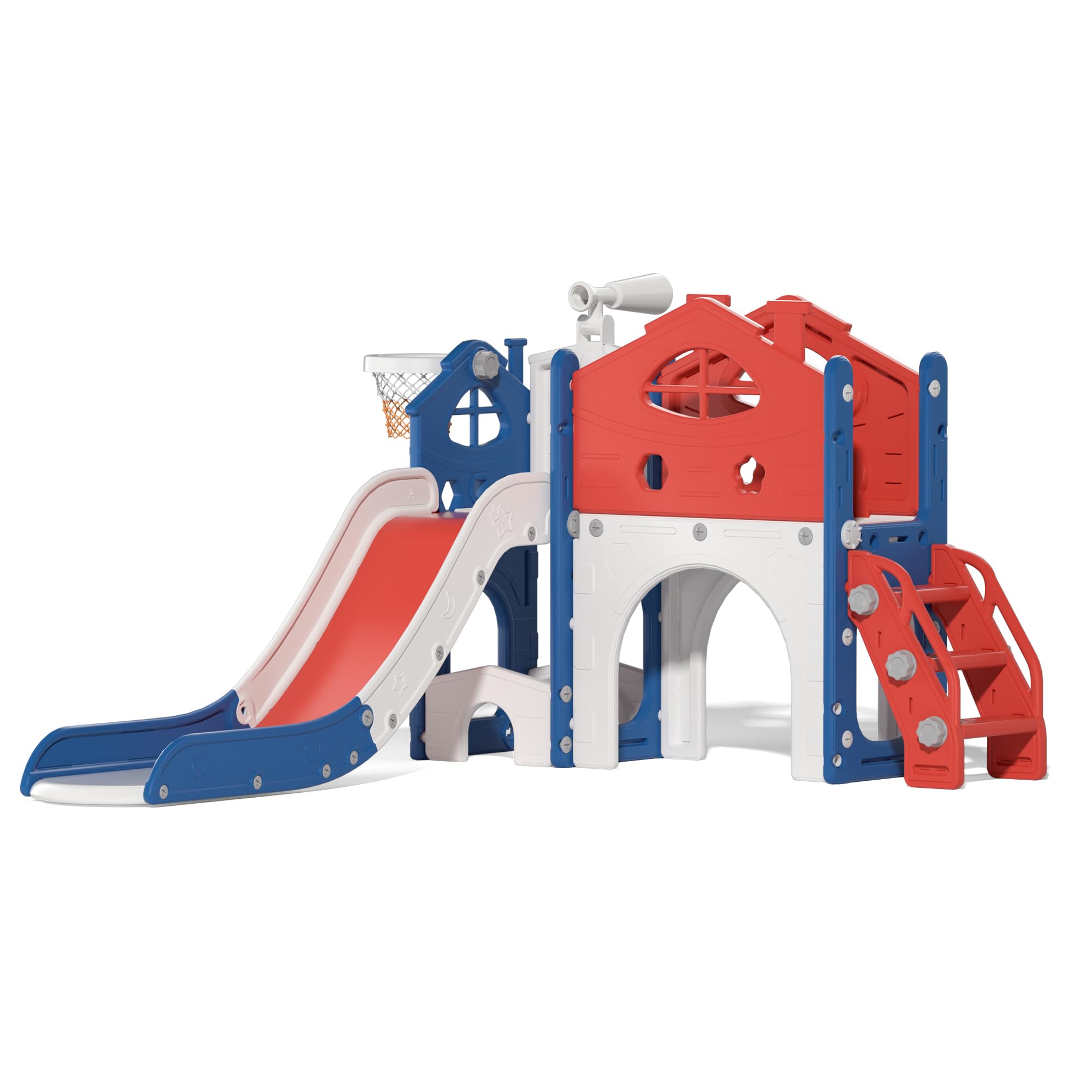 Best Toddler Slide Playset for Kids Age 1-3 - Freestanding Indoor/Outdoor Playground with Climber, Basketball Hoop, Storage Area & Fun Tunnel - Red & Blue Castle Design for Backyard, Nursery & Daycare Play