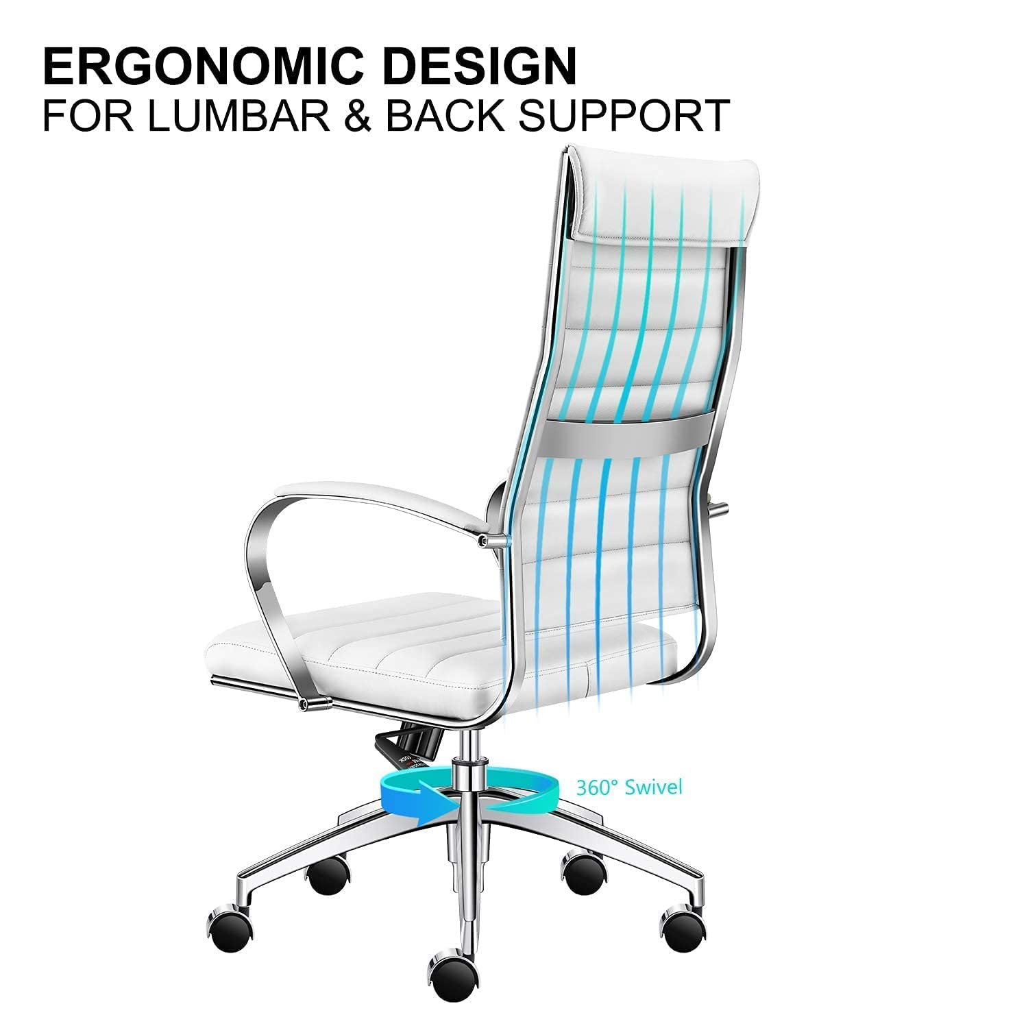 Ergonomic Office Chair with Adjustable Armrests & Lumbar Support - Swivel Desk Chair in Durable Vegan Leather - Comfortable Computer Chair for Home & Office Workspace (White) - Perfect for Long Work Hours, Gaming & Study Sessions