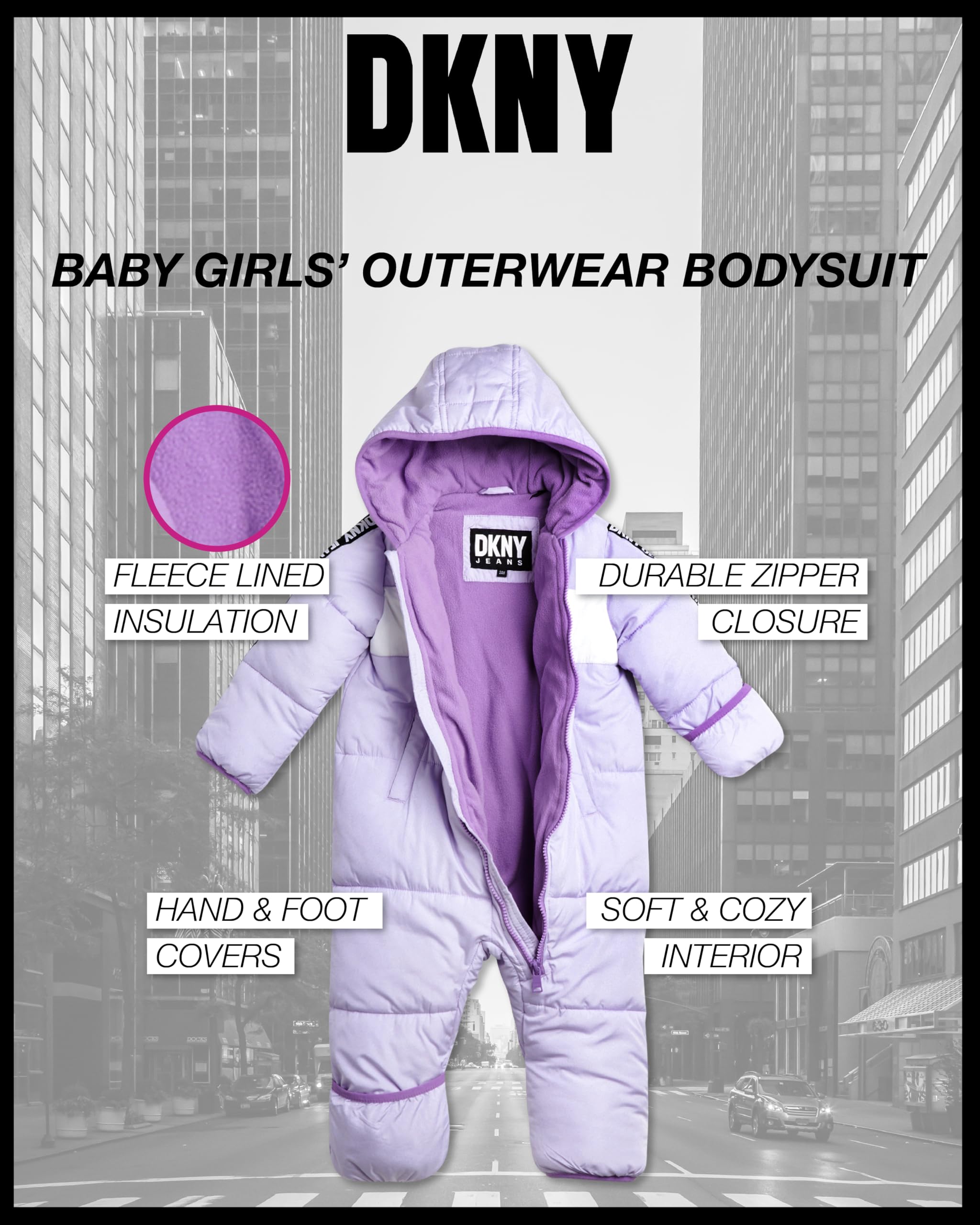 DKNY Baby Girls' Hooded Fleece-Lined Winter Snowsuit - Warm Zip-Up Snow Pram Coat for Newborns & Infants 0-24 Months - Perfect for Outdoor Winter Play, Snow Days & Stroller Walks