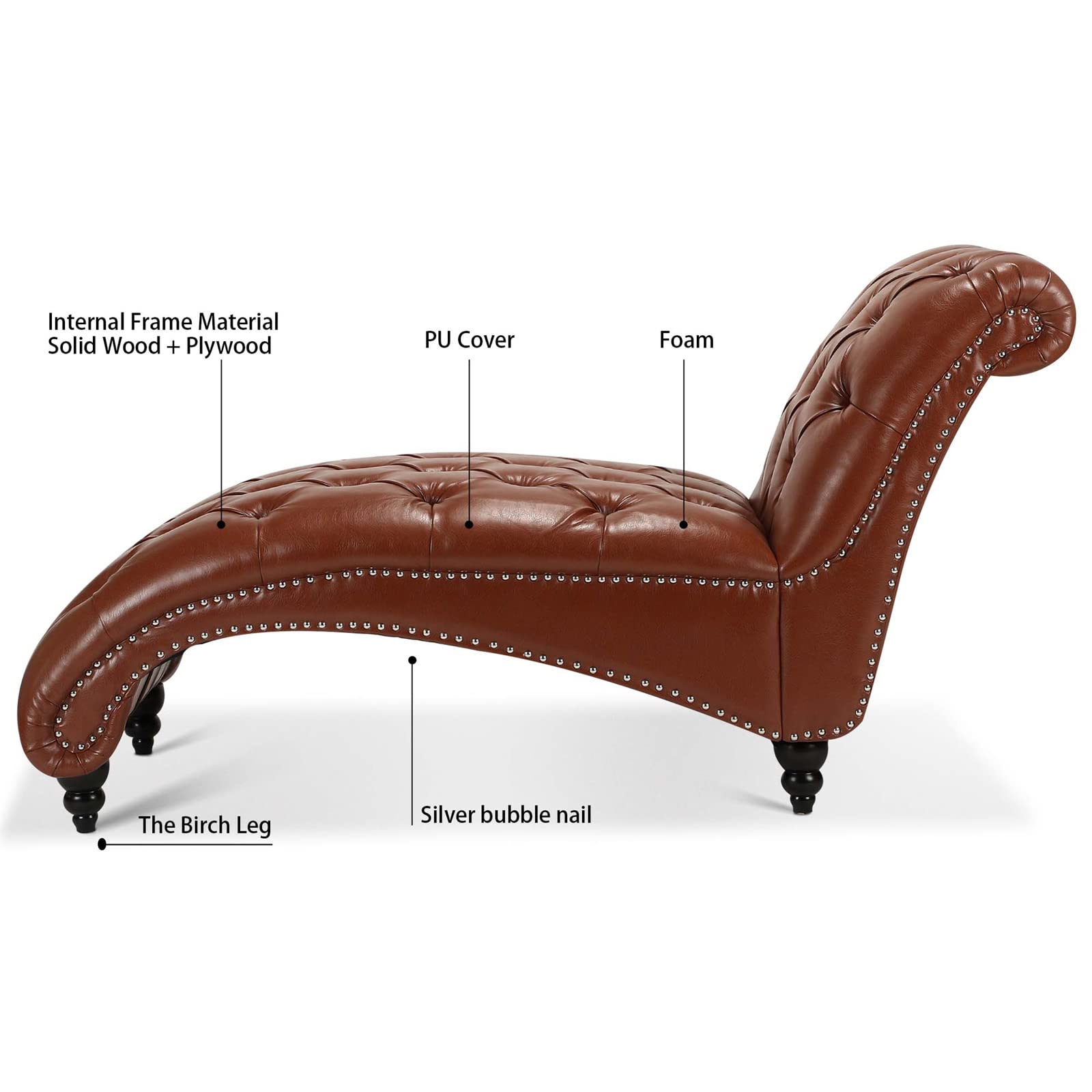 PU Leather Chaise Lounge Chair - Modern Upholstered Living Room & Bedroom Furniture with Solid Wood Feet & Curved Cushion - Comfortable Sleeper Chair for Relaxation, Reading & Napping (Brown PU Leather)