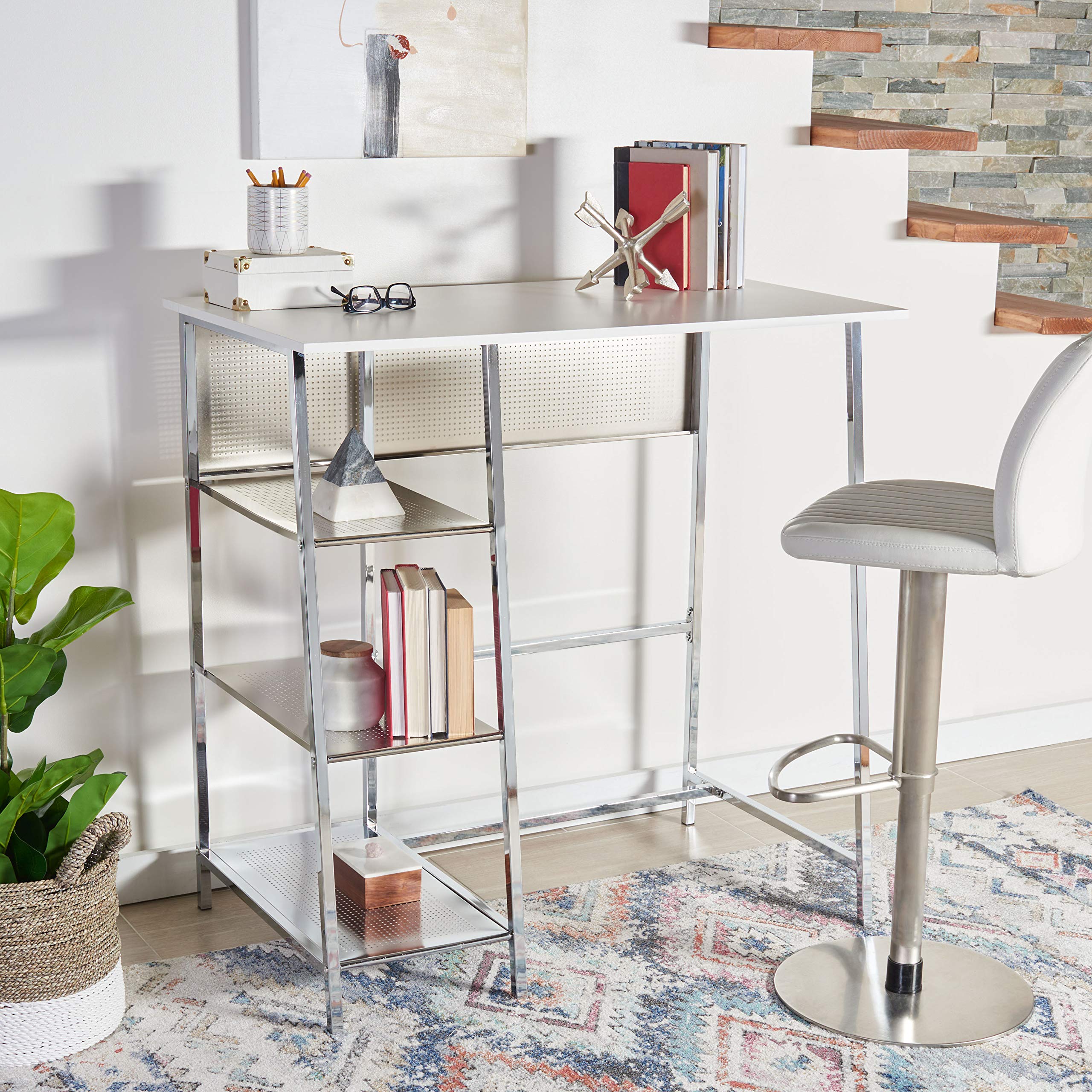 SAFAVIEH Home Collection Hayden White/Chrome 3-Shelf Standing Desk DSK2210A - Modern Office Desk for Small Spaces, Home Office & Dorm Room Organization