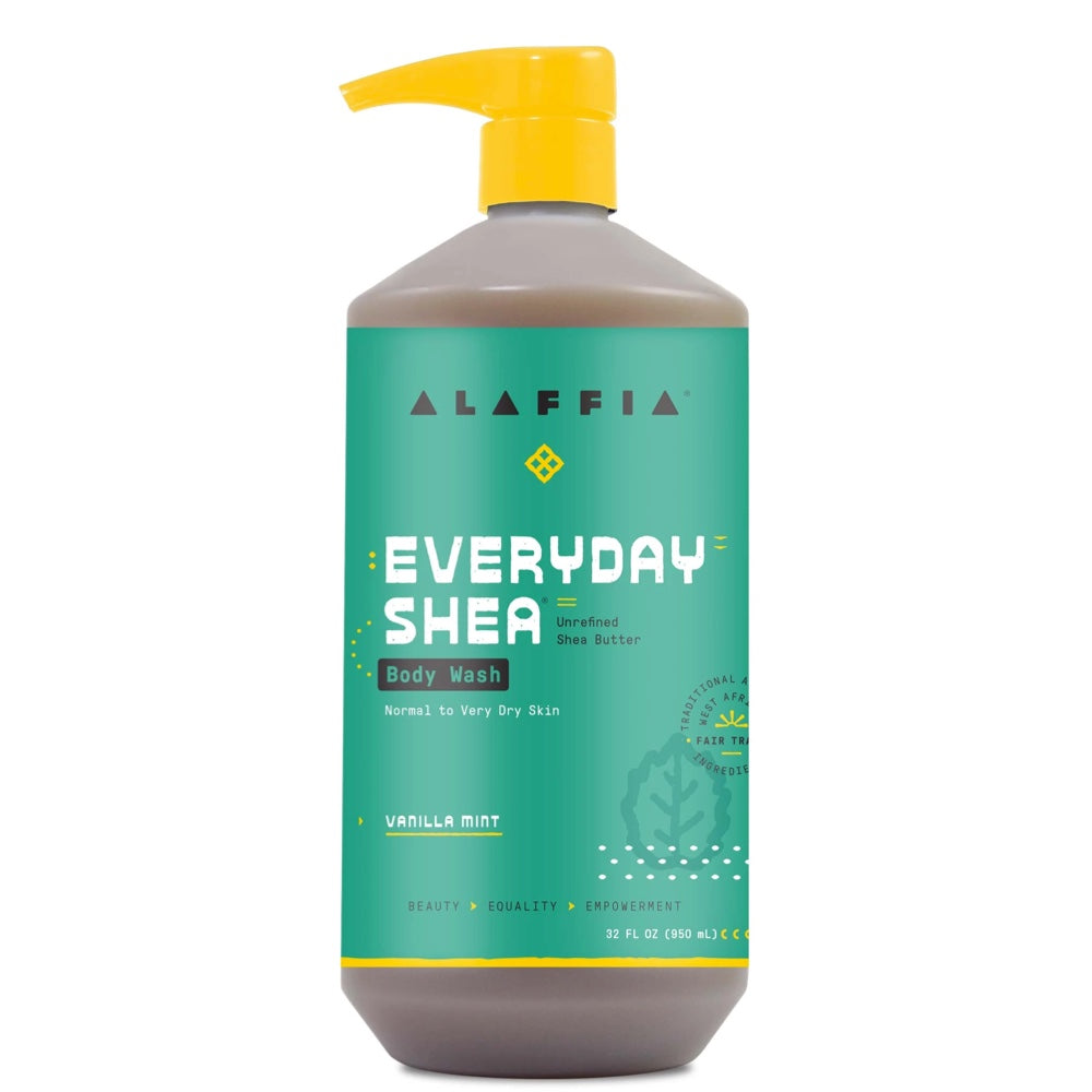 Organic Shea Body Wash by ALAFFIA - Vanilla Mint Scent, 33.5oz (950ml) for Daily Moisturizing & Relaxing Bath or Shower